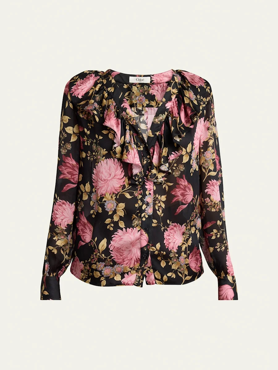 Floral Ruffle-Trim Button Down Silk Top - 1