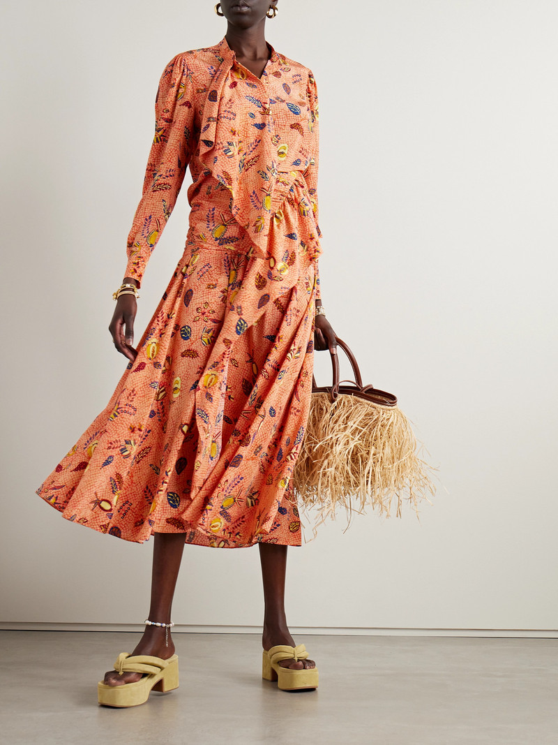 ULLA JOHNSON Georgina Ruffled Printed Silk Crepe De Chine Maxi Skirt outlook