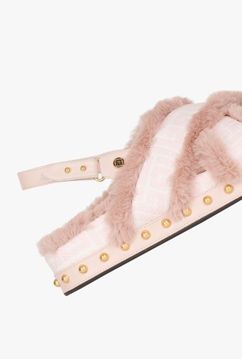 Bicolor jacquard and faux fur Tam flat sandals 6