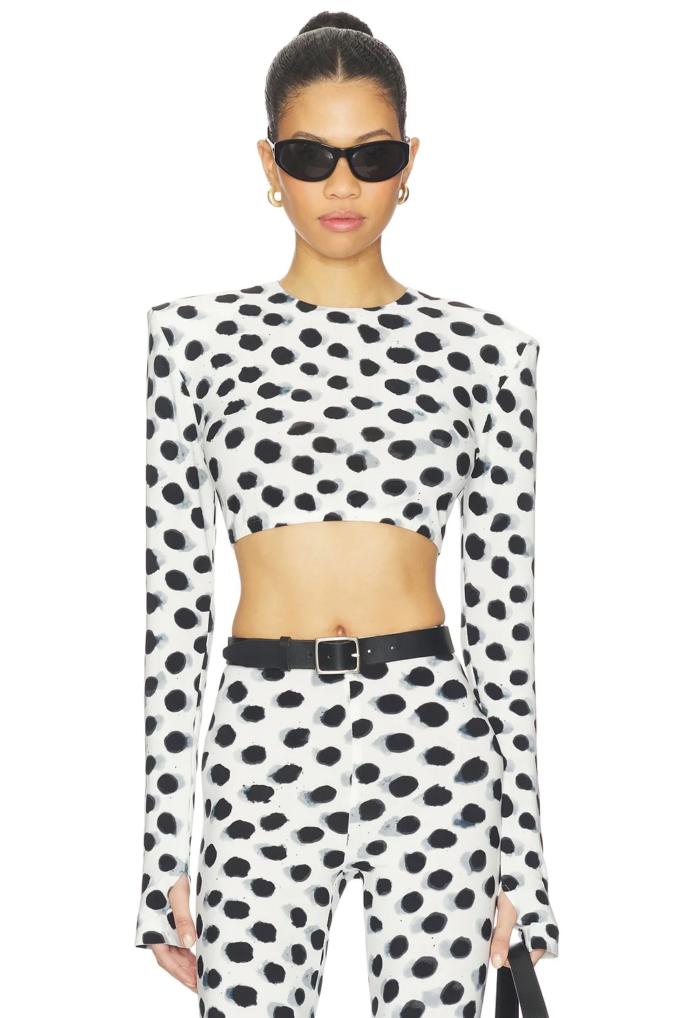 Cropped Long Sleeve Shoulder Pad Top - 1