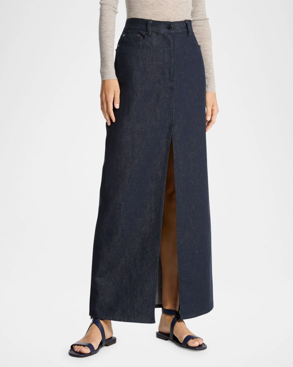 Cotton-Linen Denim Slit Maxi Skirt - 1