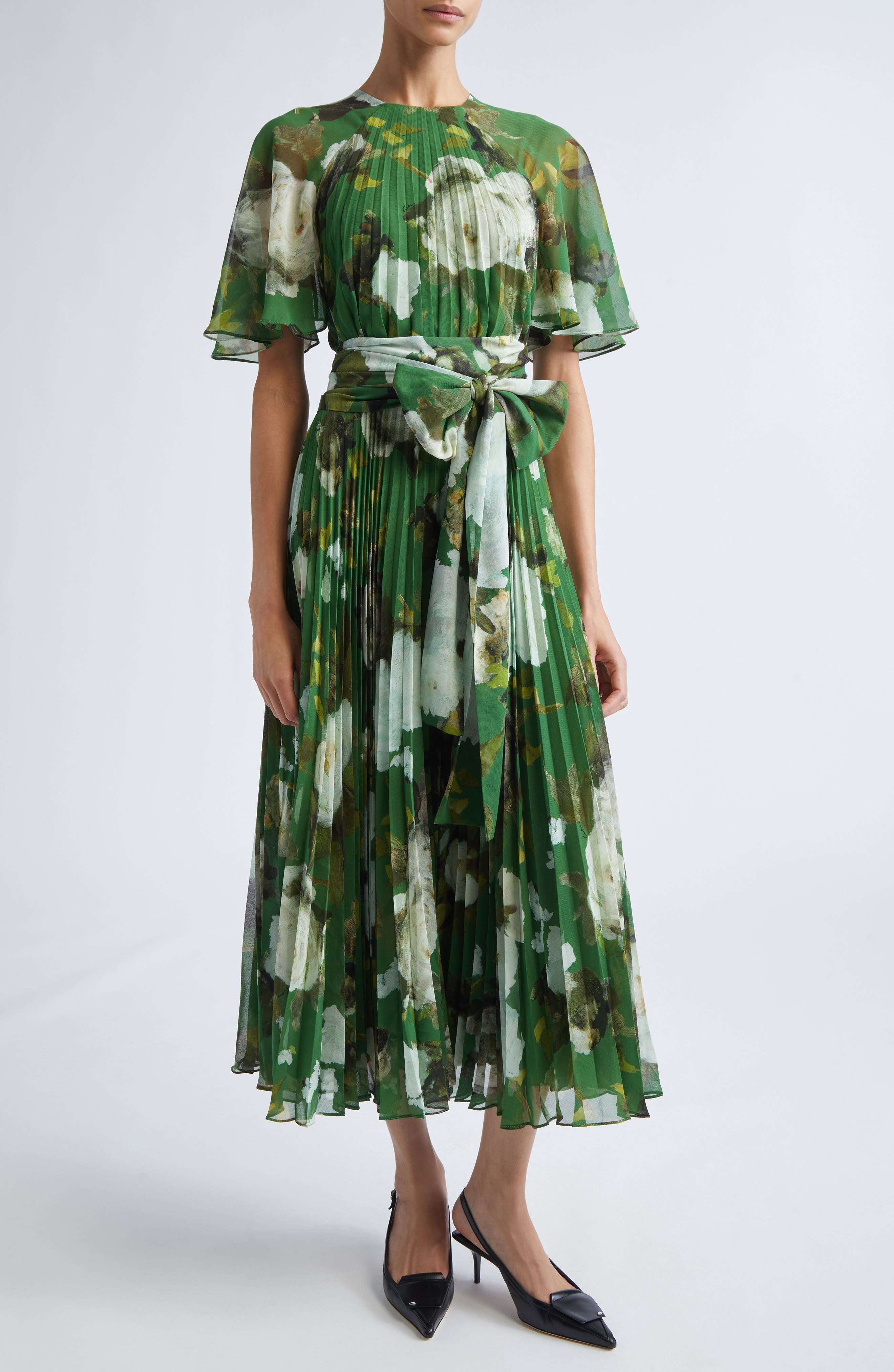 Erdem Floral Crêpe de Chine Midi Dress in Painted Rose Olive at Nordstrom - 1