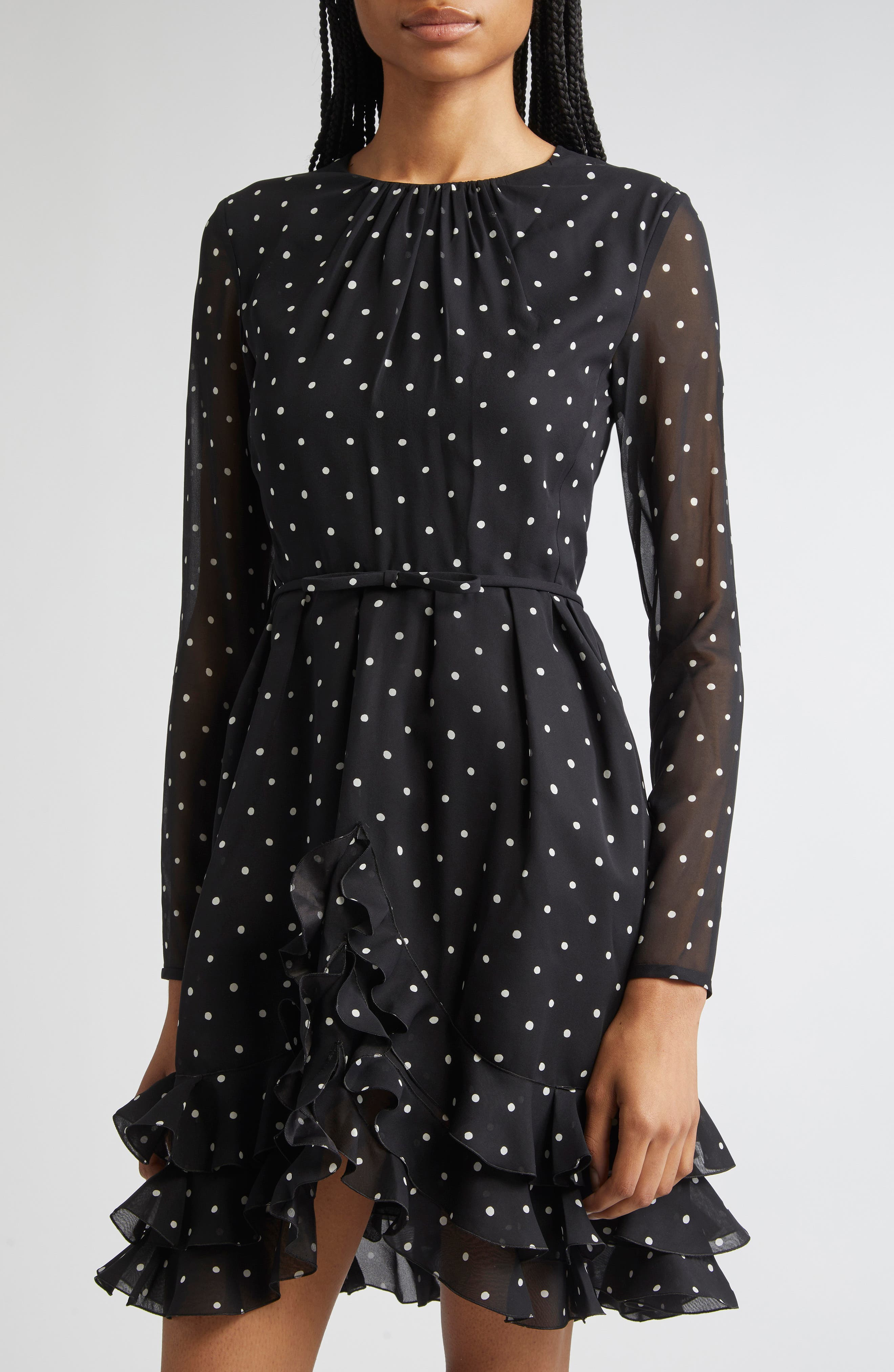 Giambattista Valli Polka Dot Ruffle Hem Long Sleeve Silk Dress in Black at Nordstrom - 4