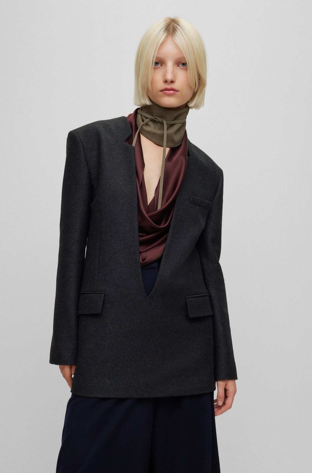 WOOL-BLEND DEEP V-NECK TAILORED JACKET - 2
