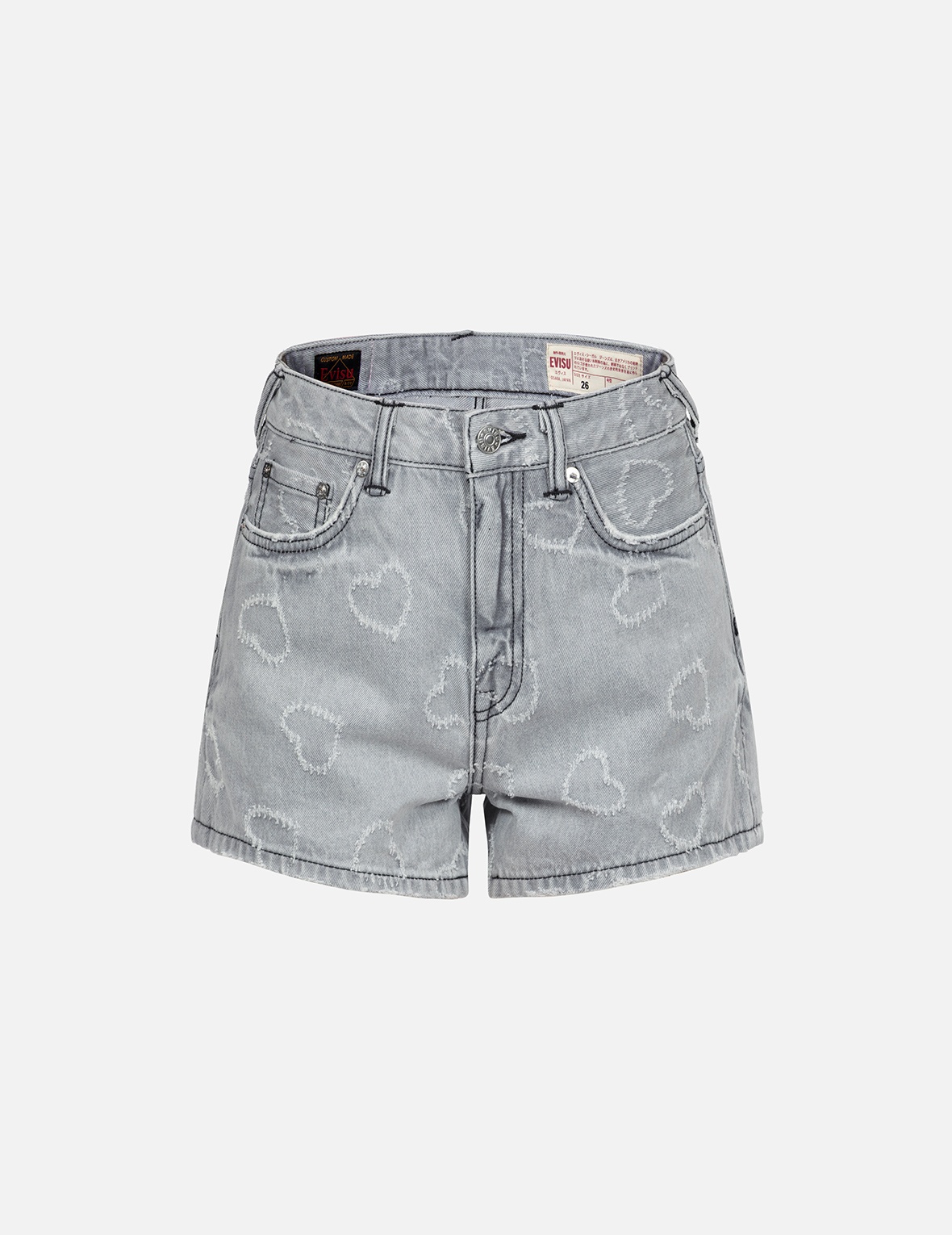 SEAGULL EMBROIDERY AND ALLOVER HEART FASHION FIT DENIM SHORTS - 1