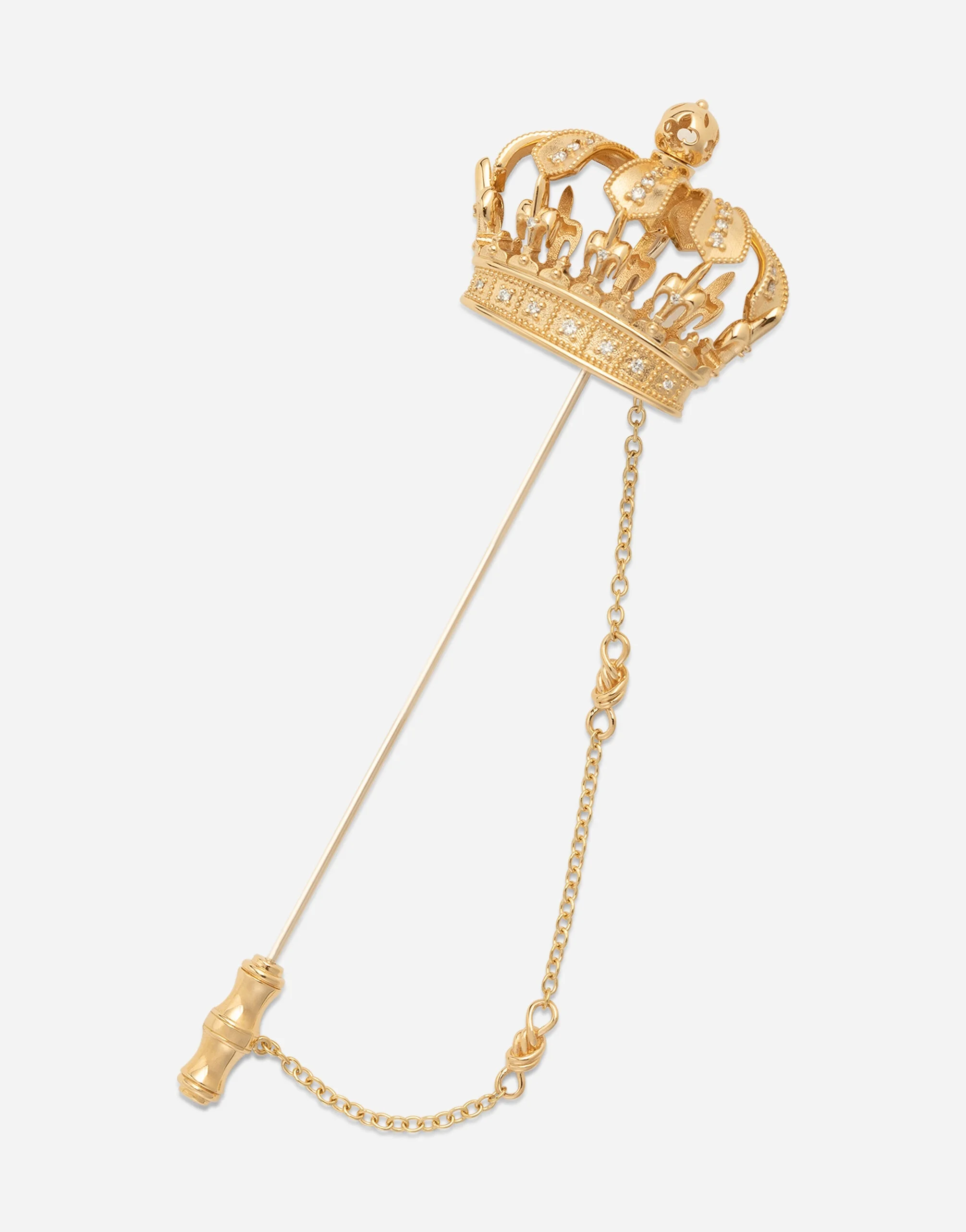 Crown stick pin brooch in yellow and white gold with curly gold thread embellishments and sphere - 1