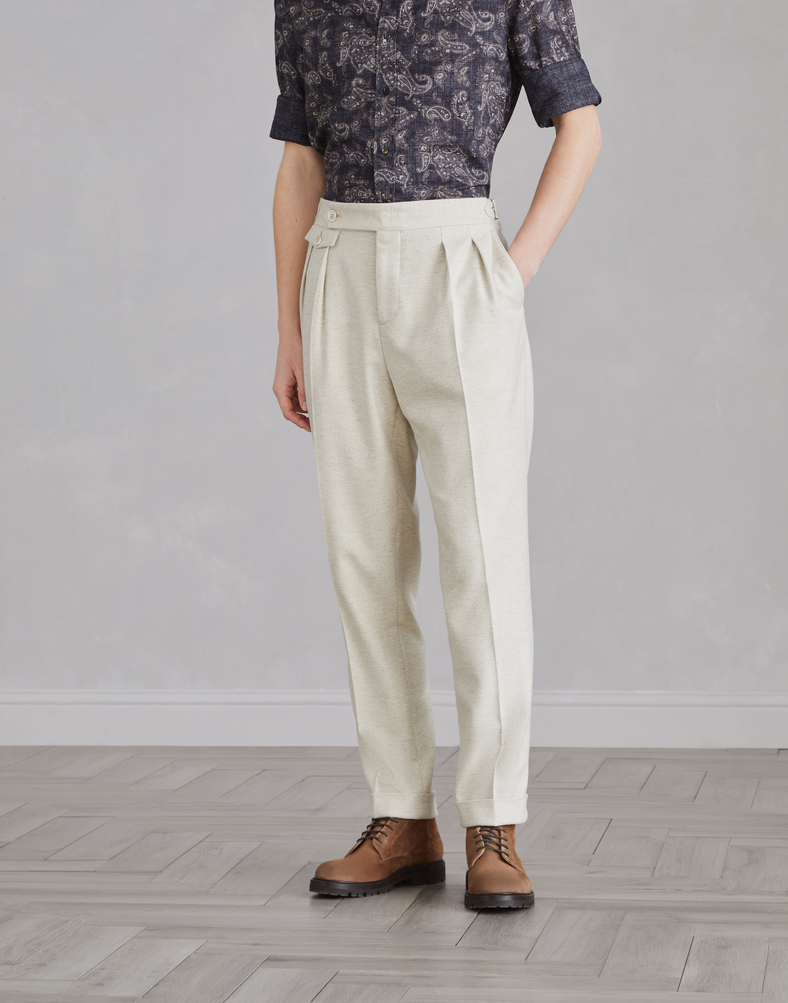 Wool and cashmere chevron leisure fit trousers with pleat and waist tabs - 1