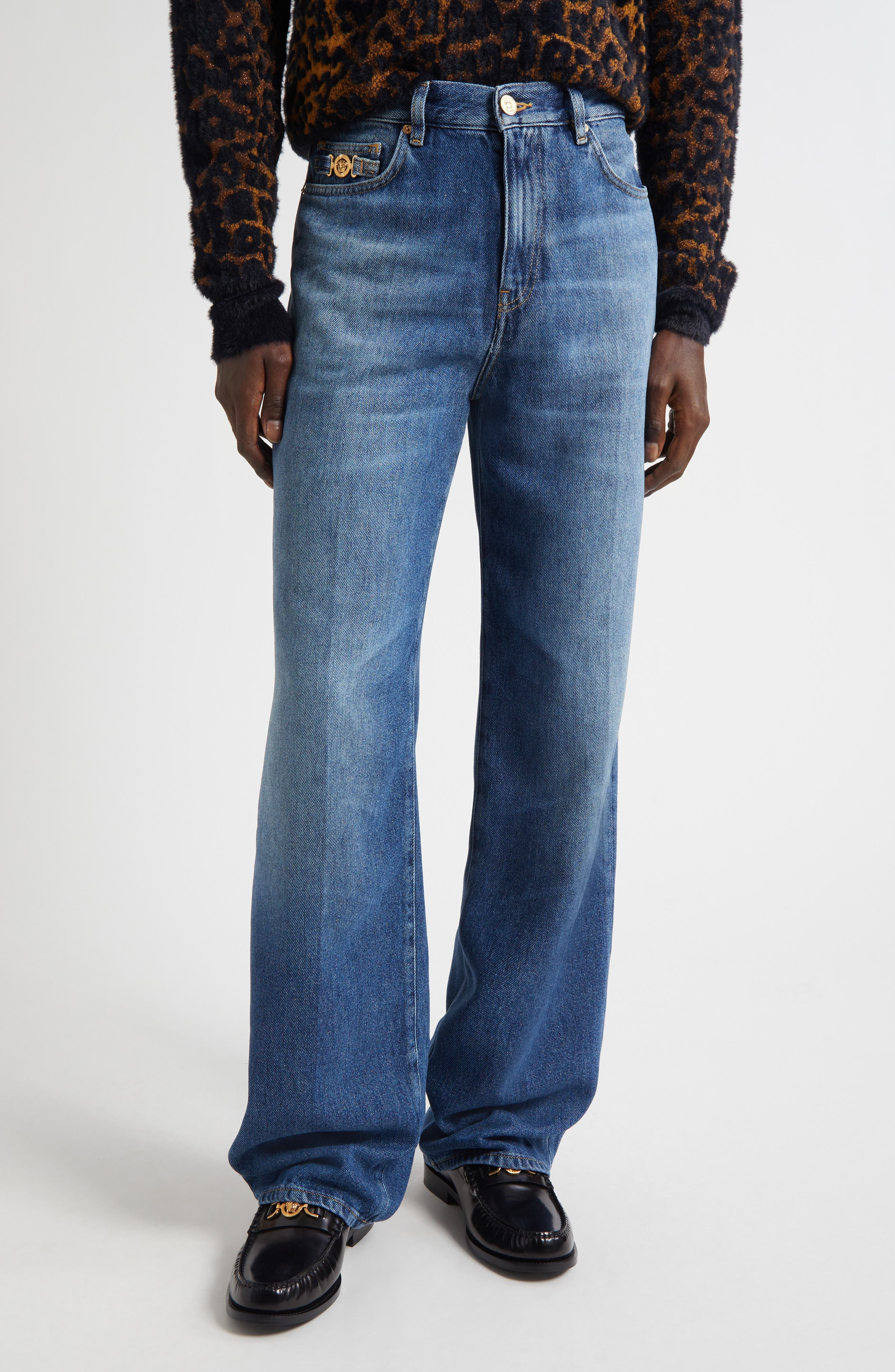 Versace Medusa Biggie Relaxed Straight Leg Jeans in Medium Blue at Nordstrom - 1