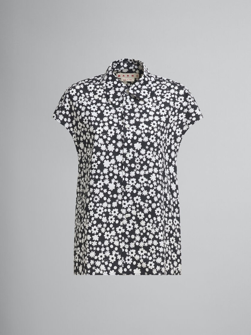 BLACK AND WHITE SLEEVELESS COCOON SHIRT WITH POP FIELDS MOTIF - 1