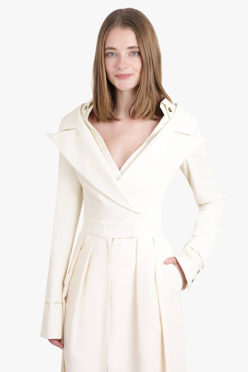 LOW CUT DECOLLETE CROSSOVER SHIRT JACKET DETAIL BODYSUIT | IVORY - 7
