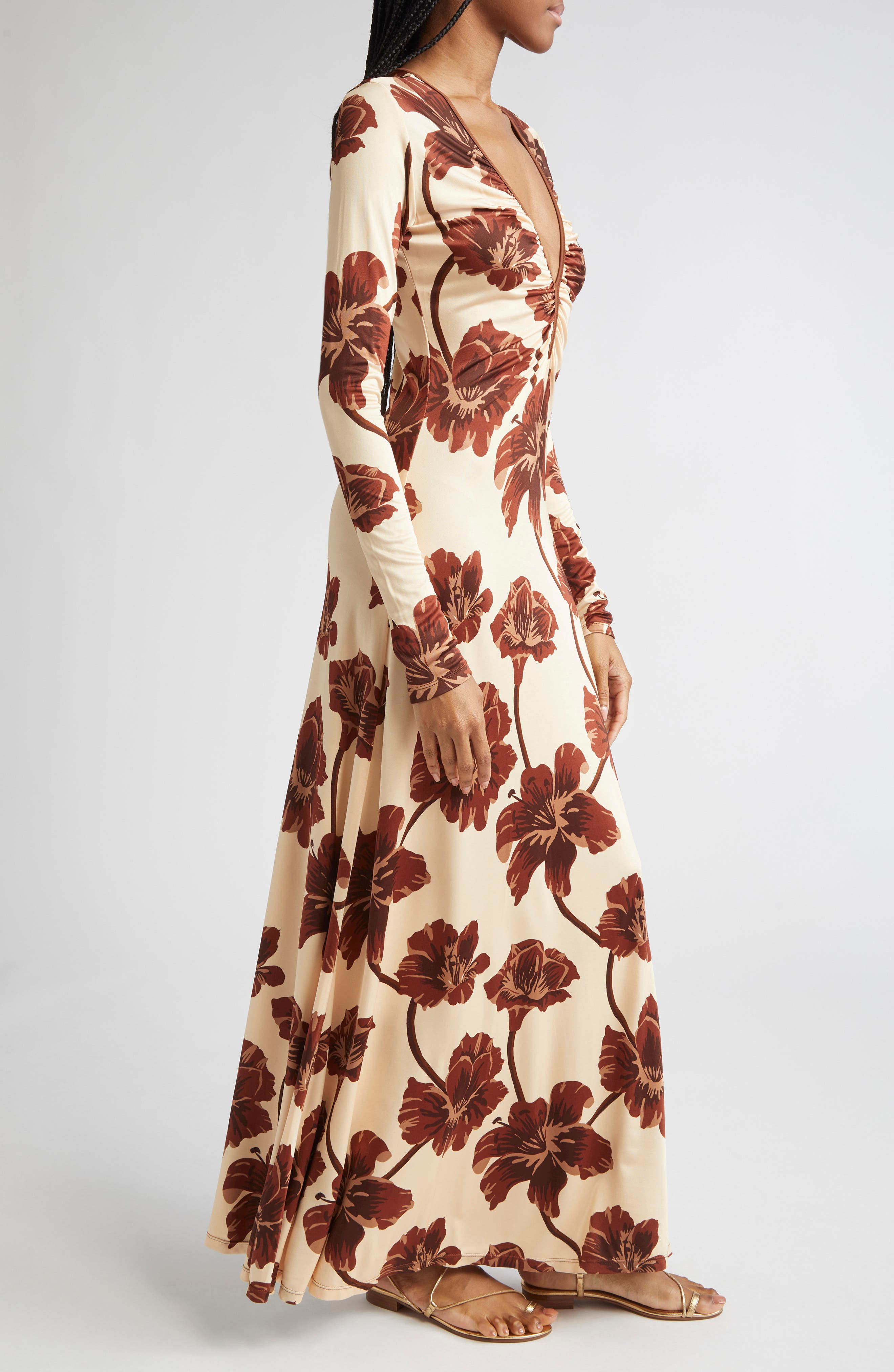 Johanna Ortiz Alma Bordada Floral Print Long Sleeve Jersey Dress in Ecru /Chocolate /Mocca at Nordst - 3