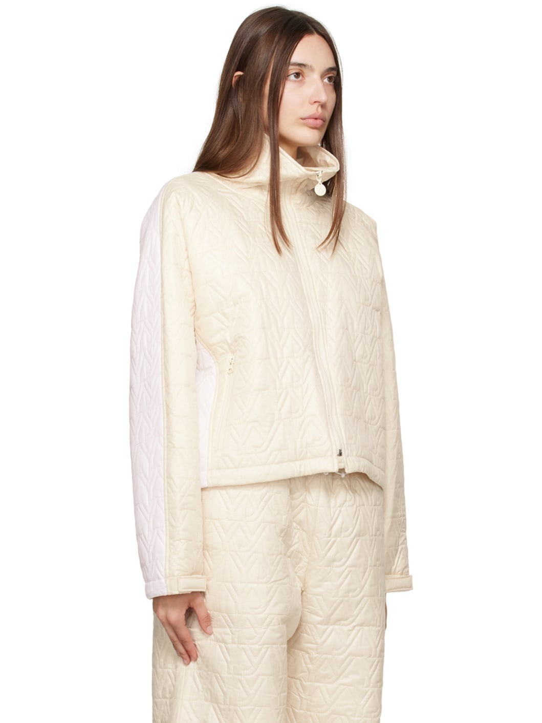 Beige & White 'YY' Quilted Bomber Jacket - 2