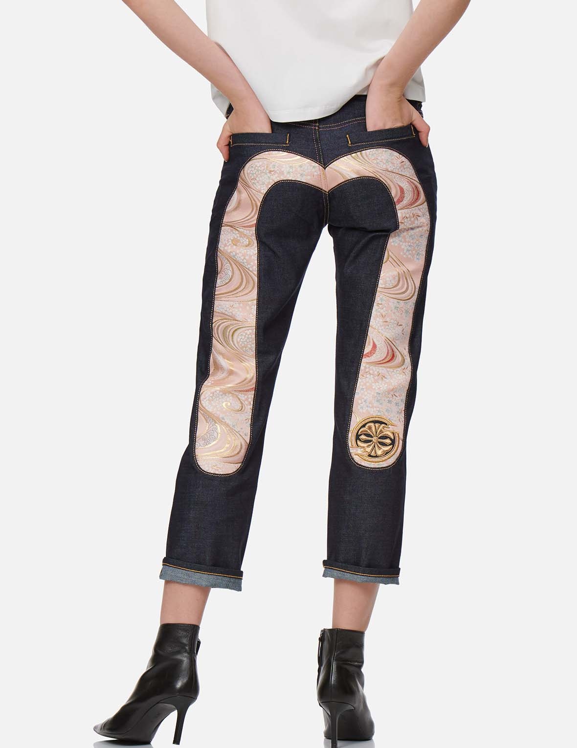 SAKURA-PATTERN BROCADE DAICOCK INSERT BOYFRIEND JEANS - 3