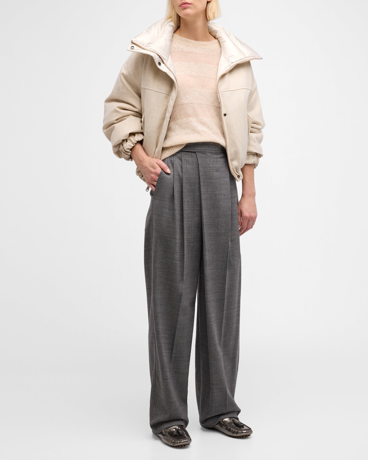 Stretch Wool Grisaille Crossover-Waist Wide-Leg Trousers - 3