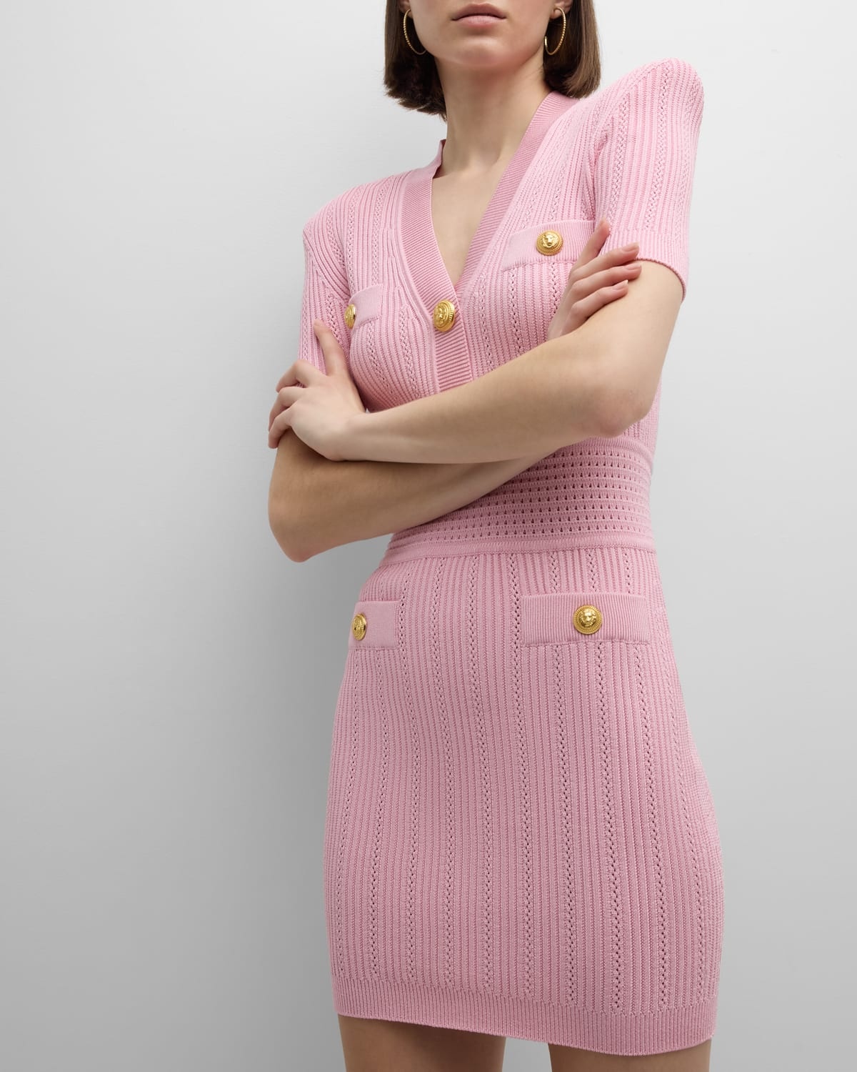 V-Neck Short-Sleeve Strong-Shoulder Pointelle Knit Mini Dress - 7