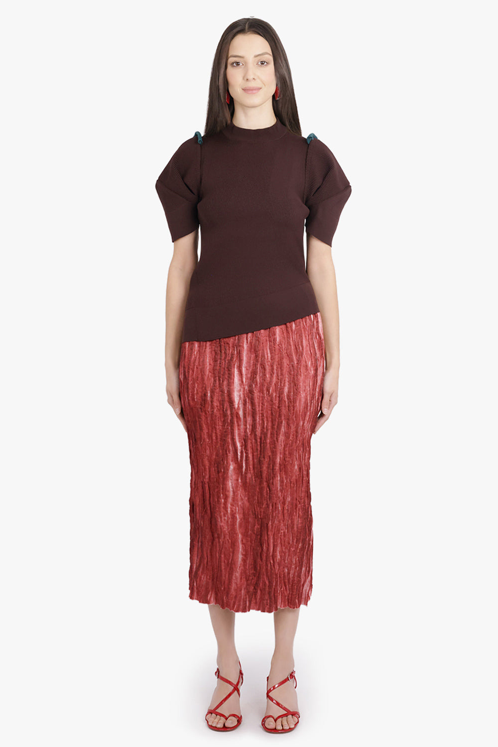 STRUCTURED SHOULDER S/S ASYMMETRIC KNIT PULLOVER | BROWN - 3