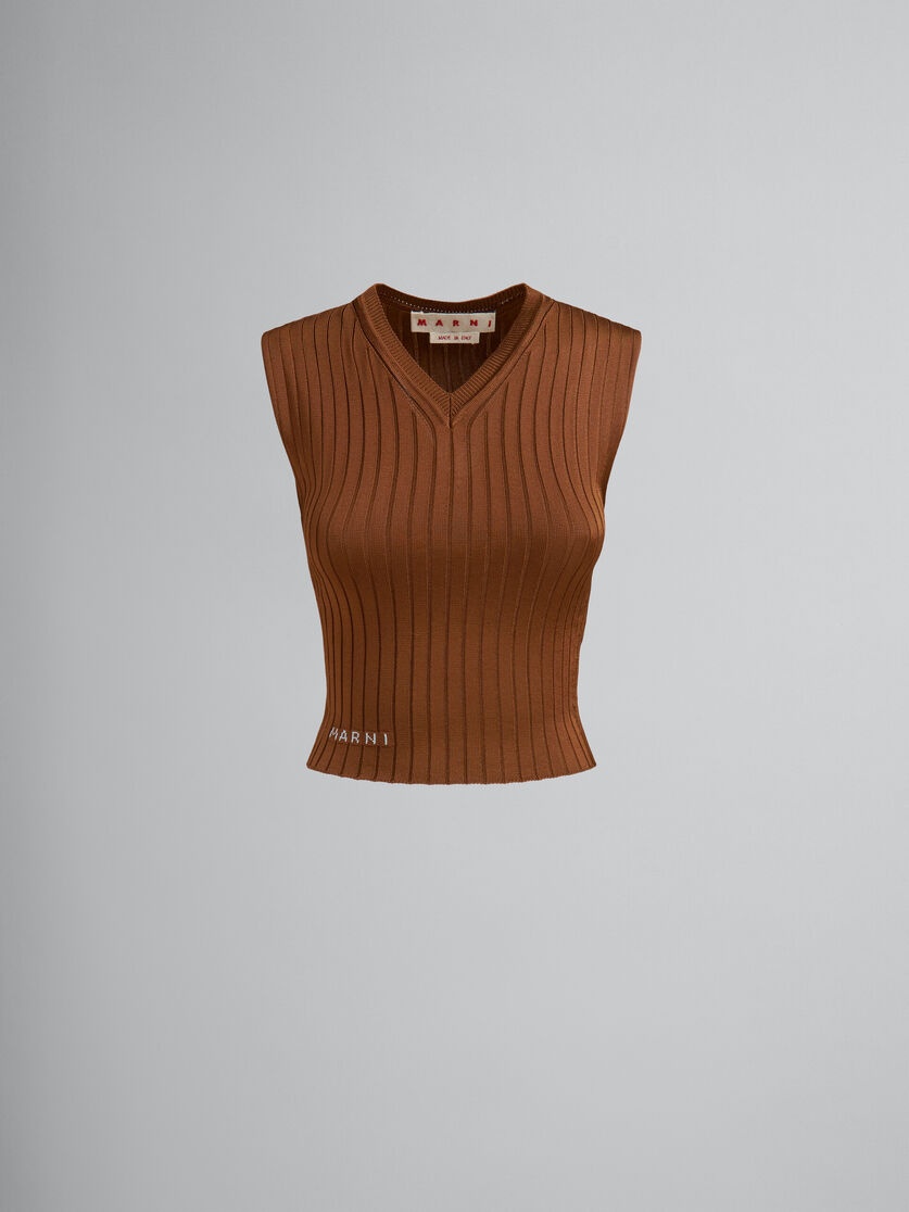 BROWN RIBBED VISCOSE VEST - 1