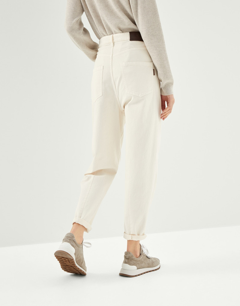 Dyed comfort denim curved trousers with shiny tab 2
