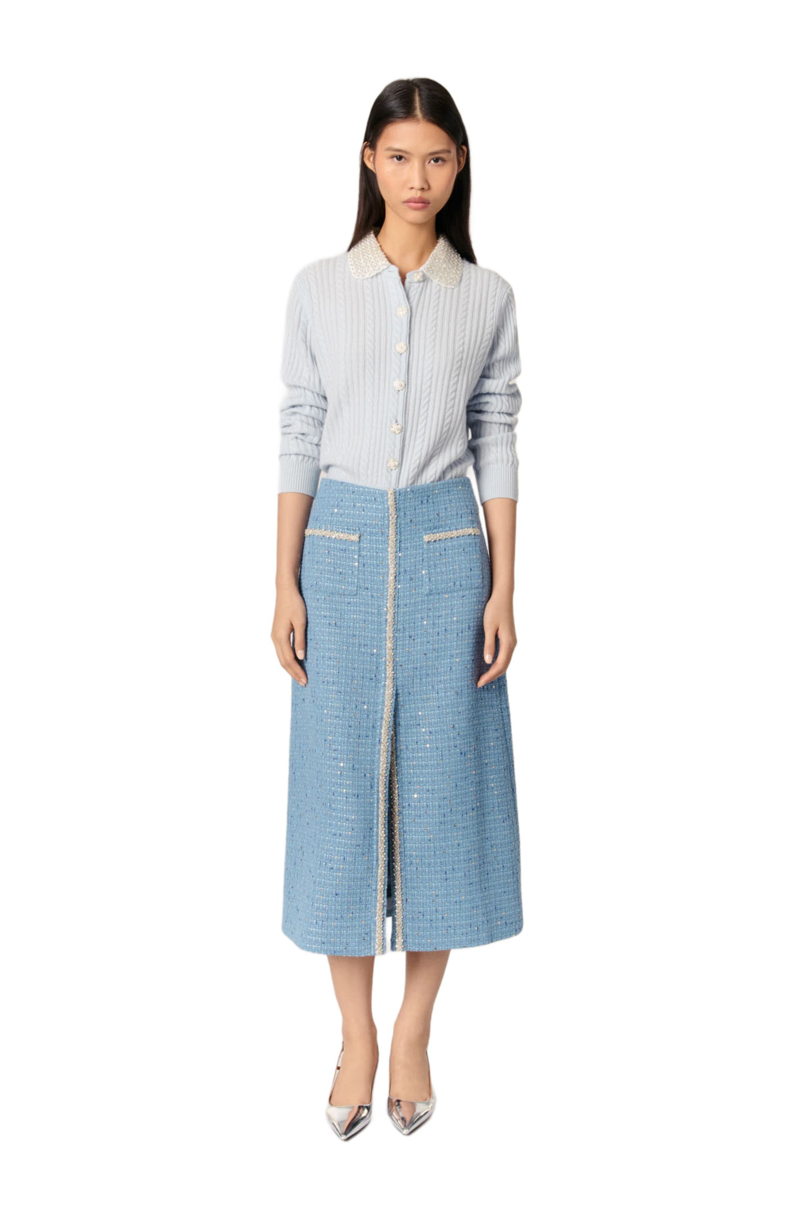 maje Sequin tweed midi skirt in Blue at Nordstrom - 1