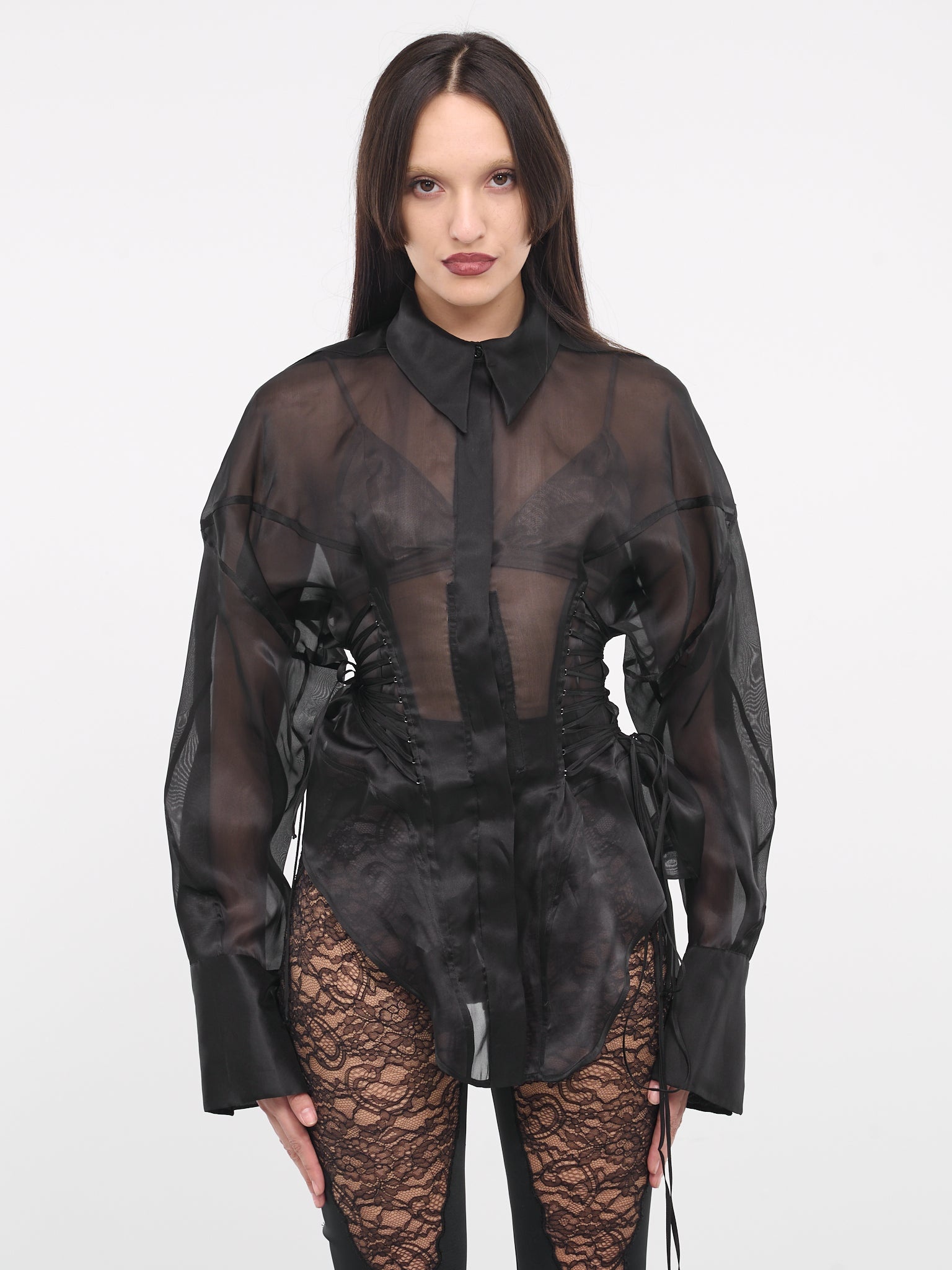 Lace-Up Silk Organza Shirt - 1