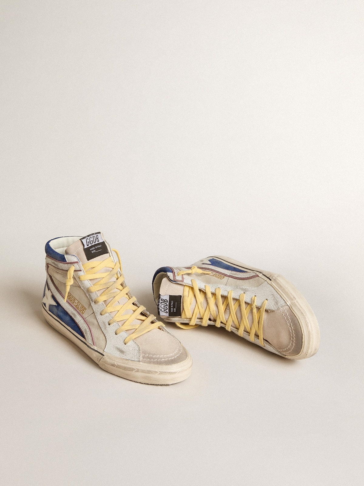 Slide in pearl canvas and blue suede with white leather star and flash - 2