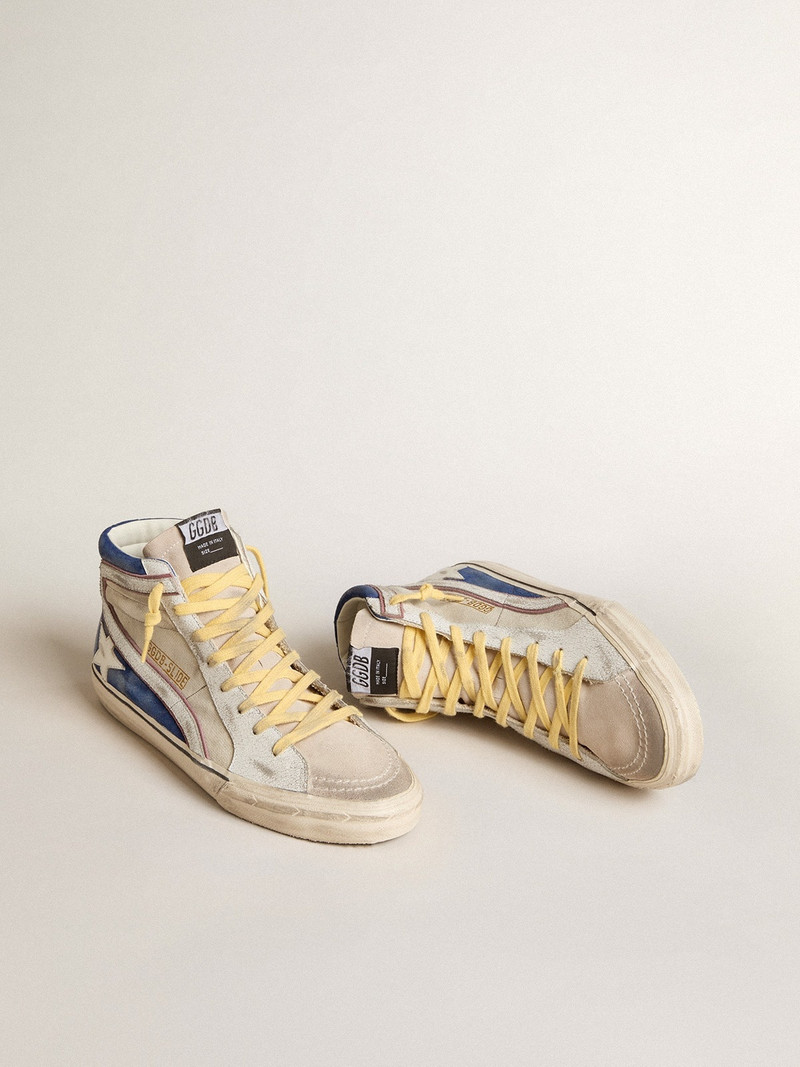 Golden Goose Slide in pearl canvas and blue suede with white leather star and flash outlook