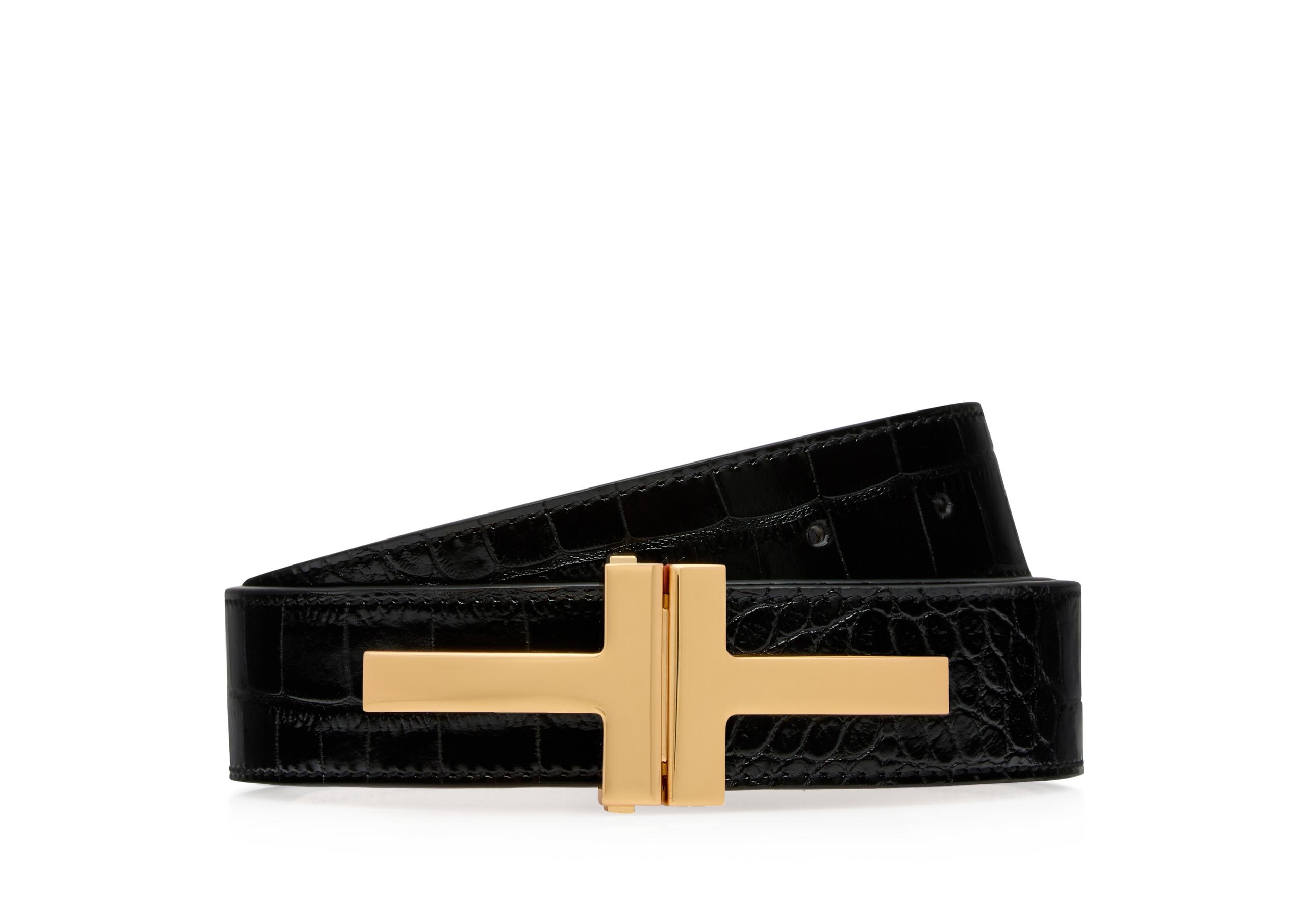 TOM FORD SHINY STAMPED CROCODILE LEATHER DOUBLE T BELT REVERSIBLE