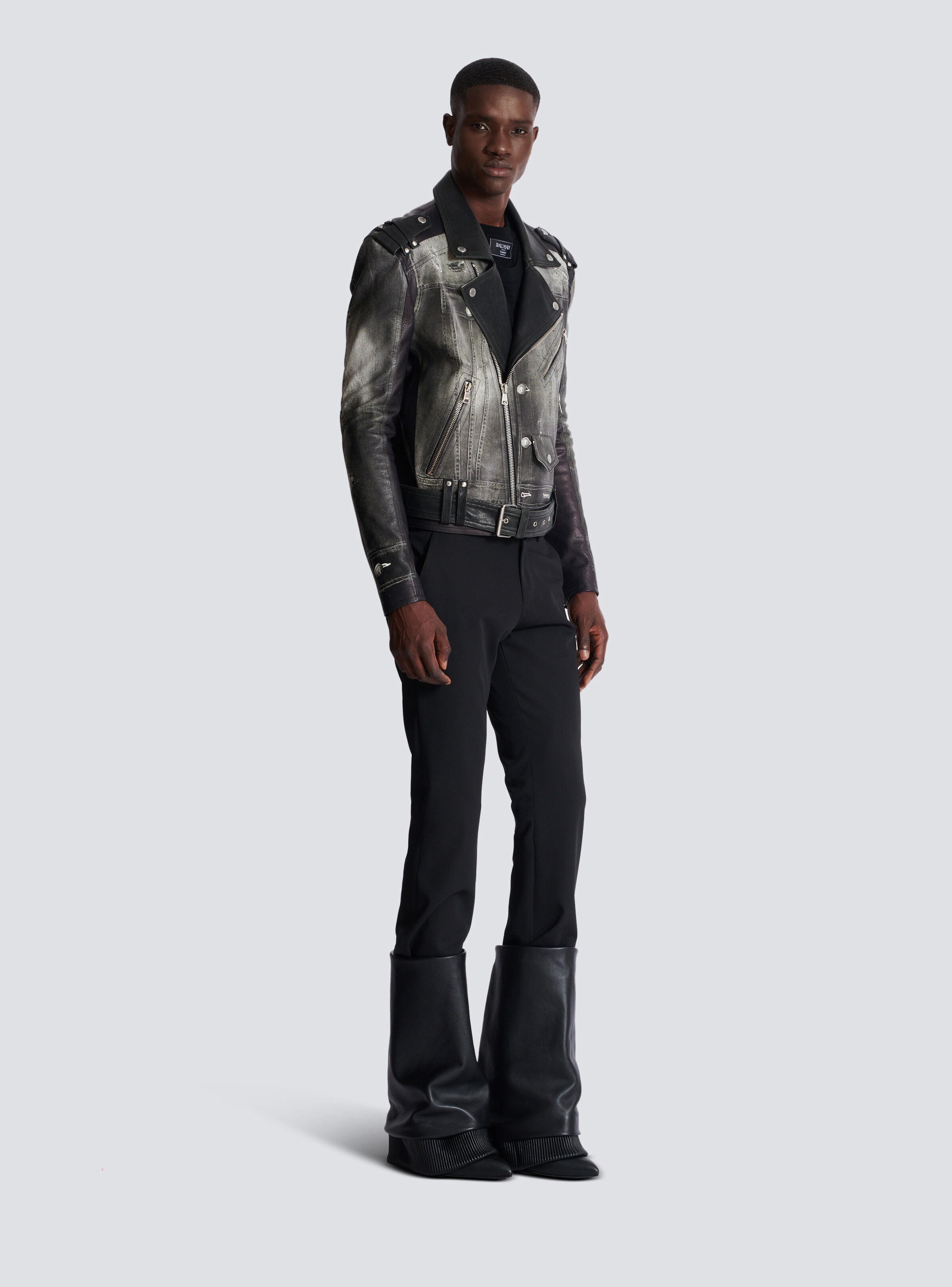 Leather biker jacket with denim print - 3