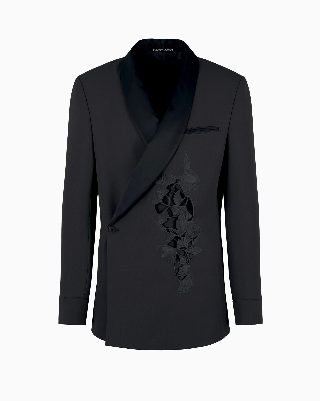 Shawl-collar jacket with a wrap fastening in a compact virgin-wool gabardine with ginkgo embroidery  - 1
