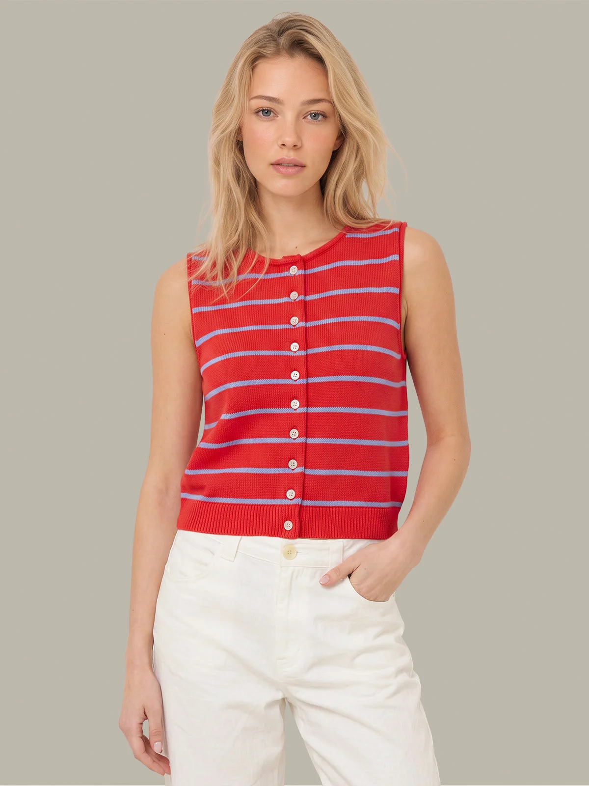 Cotton Stripe Button Front Vest - 1