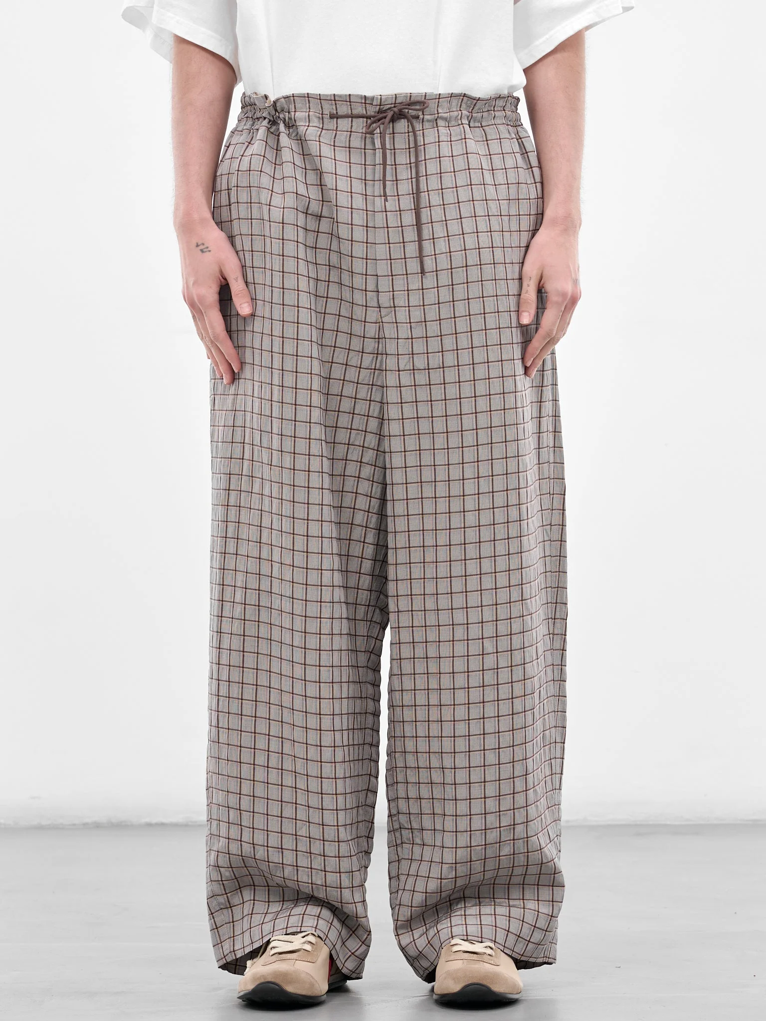 Gray Plaid Drawstring Baggy Pants - 1