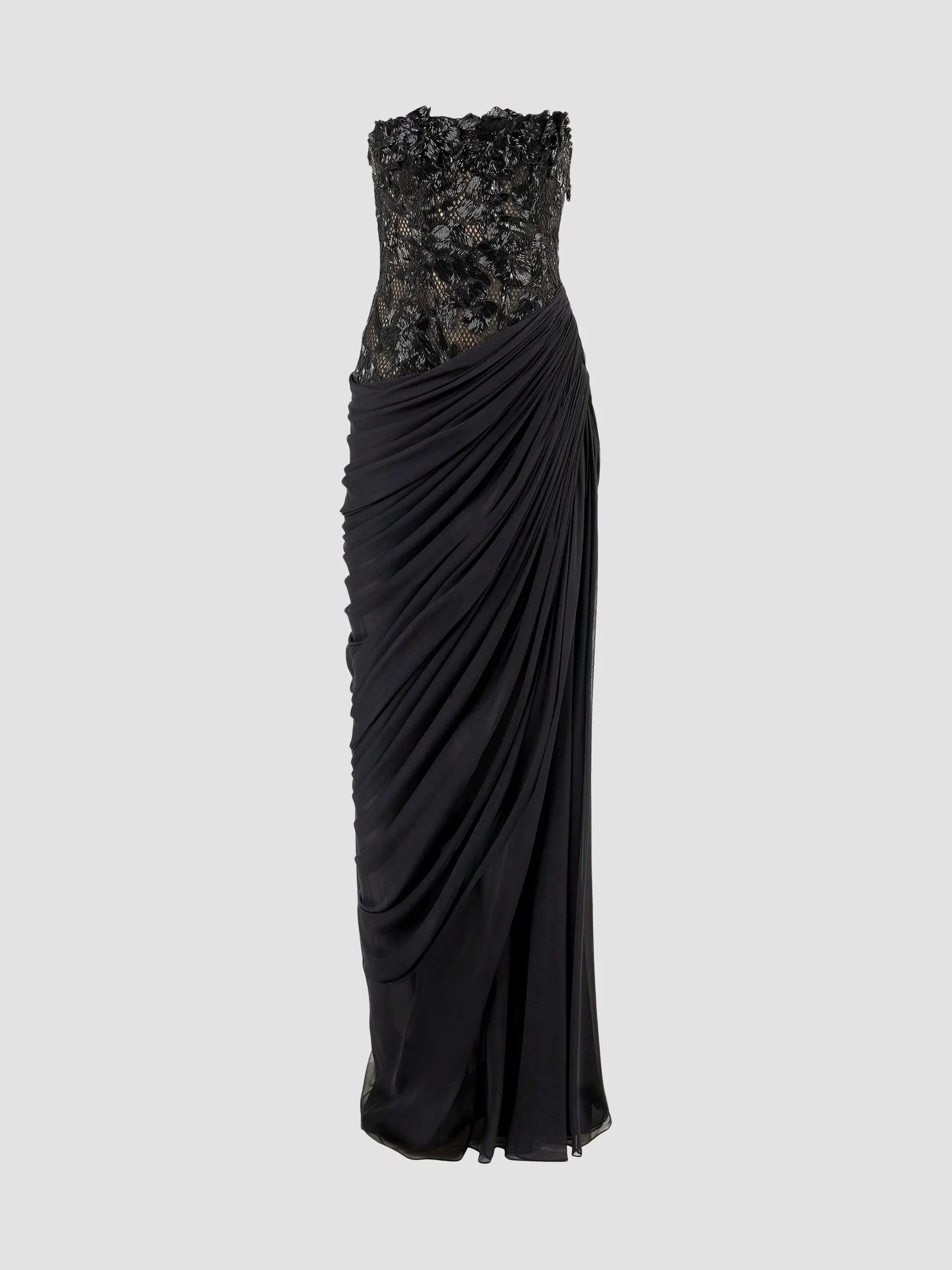 Women's Floral Lace Silk Strapless Gown - Black - 1
