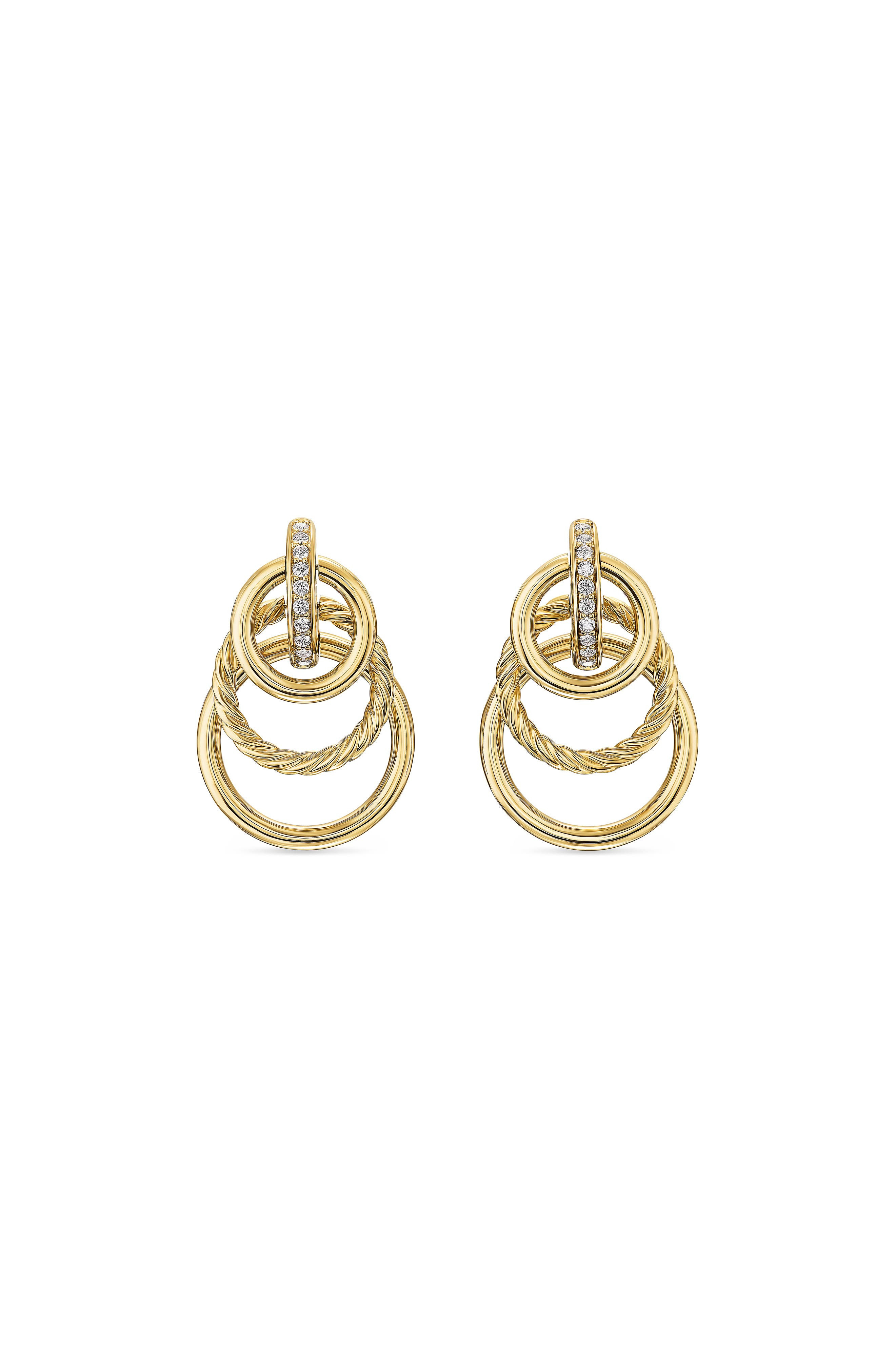 David Yurman Mercer® Triple Ring Drop Earrings in 18K Yellow Gold with Diamonds, 35.6mm in Gold/Diam - 1