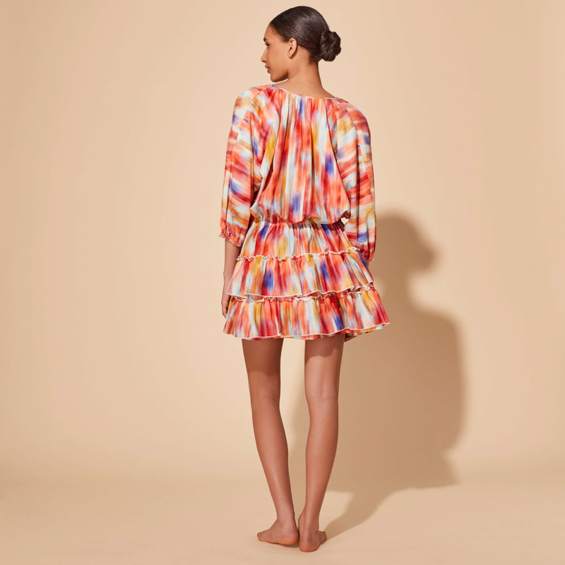 Women Ruffled Cotton Dress Ikat Flowers 4