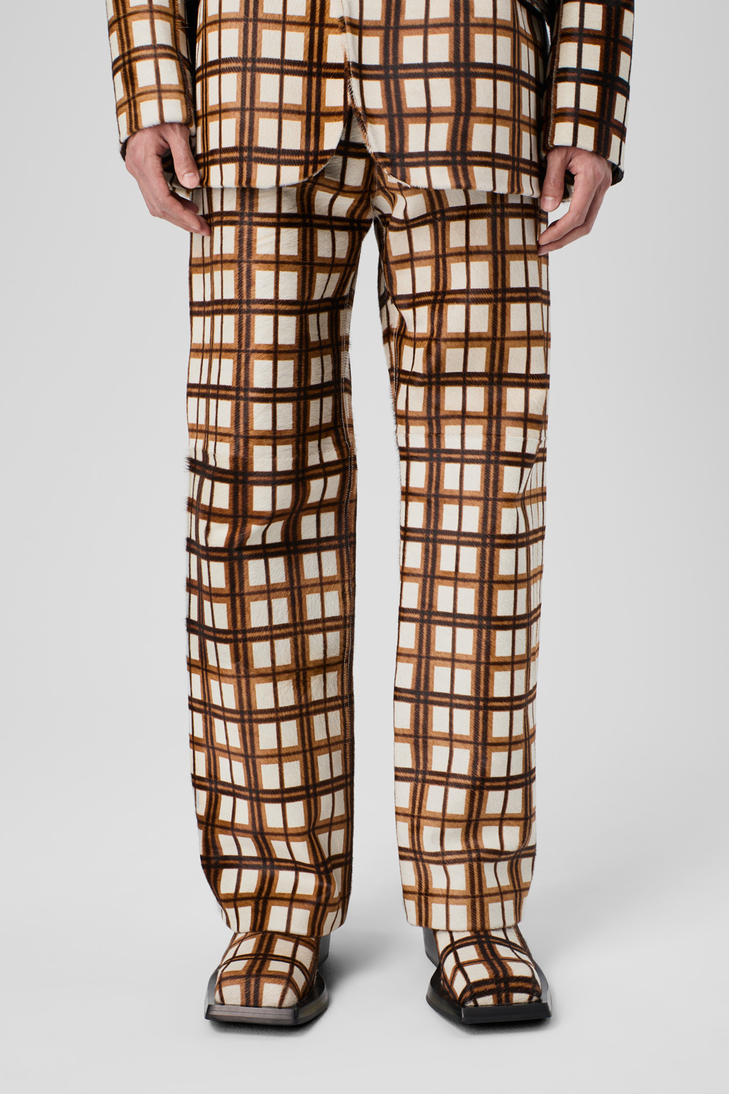 Cream-brown tartan hair-on-leather trousers - 5