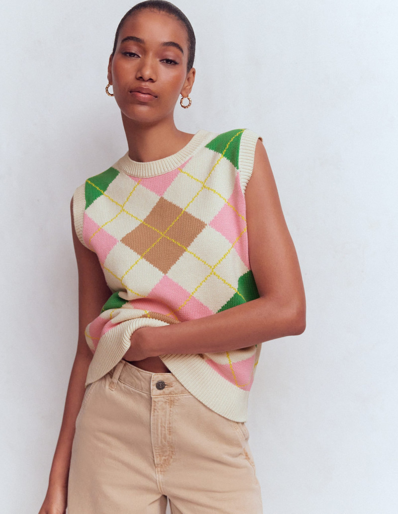 Lucy Cotton Vest-Green, Pink Argyle 4