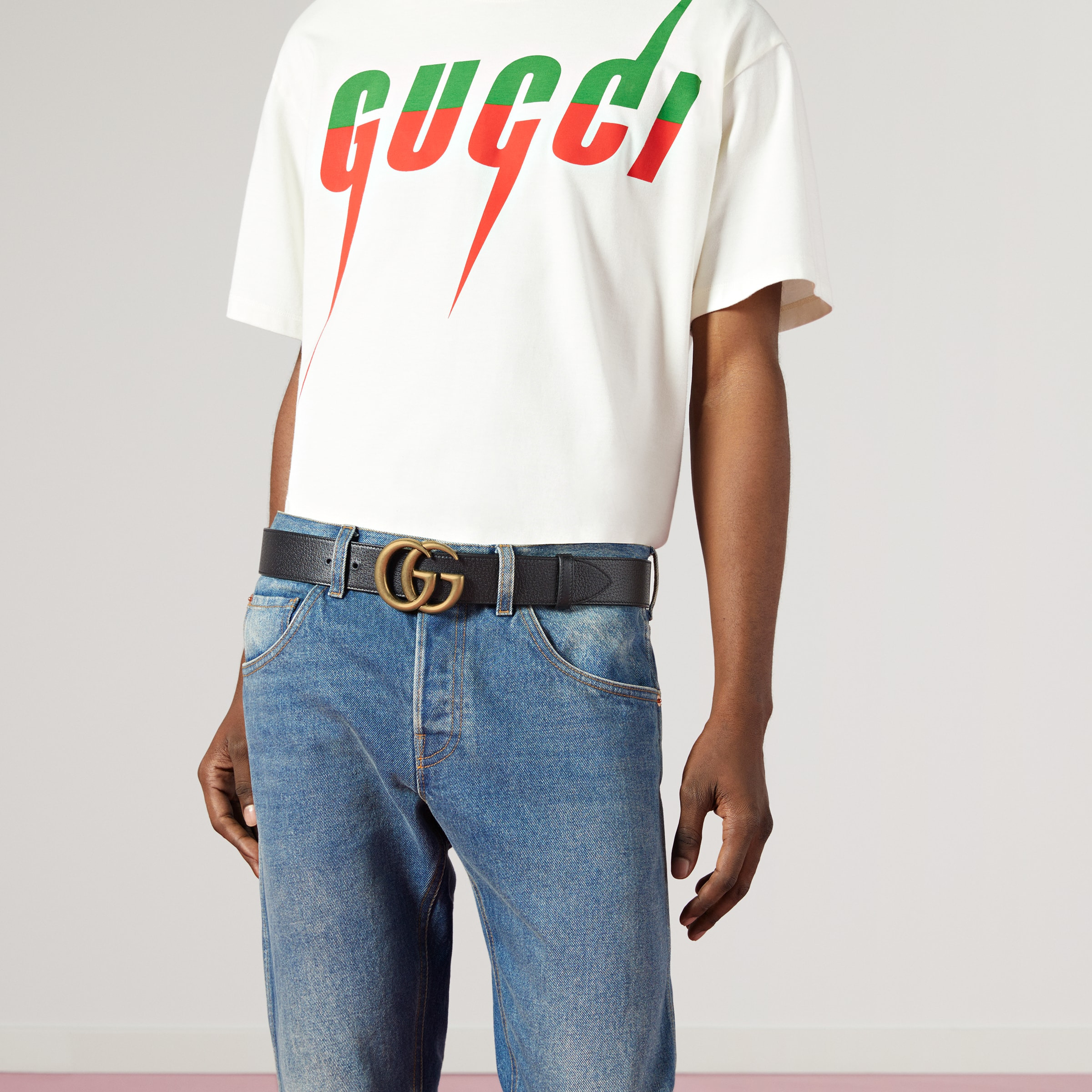 Wide leather belt with Double G buckle - 3