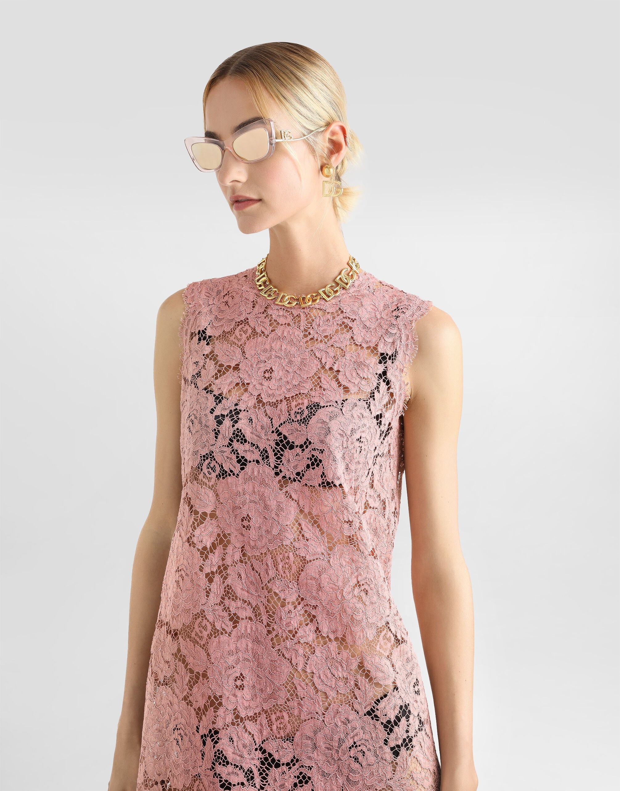 Sleeveless floral lace A-line dress with DG logo - 4