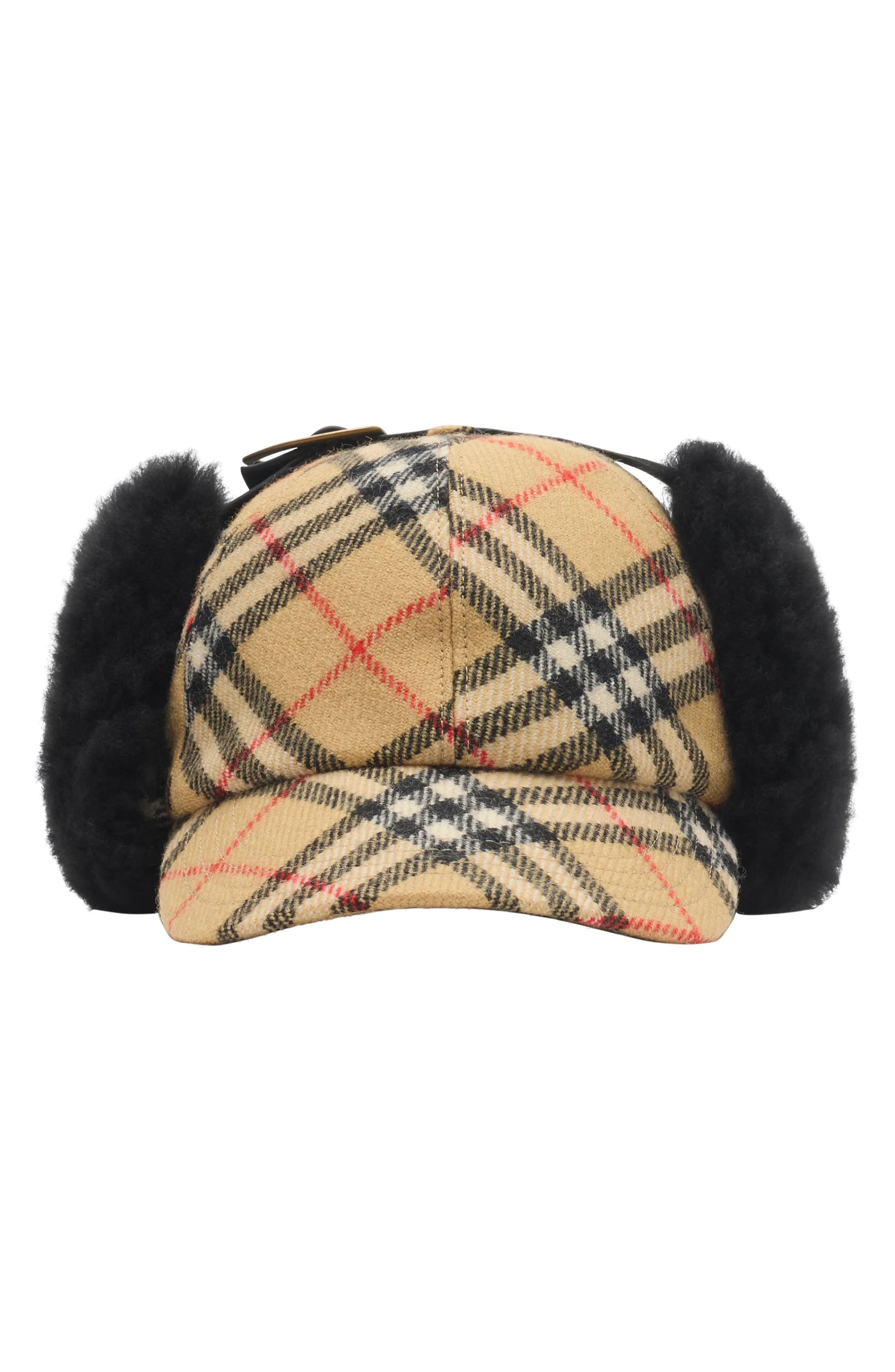 burberry Check Wool Flannel & Genuine Shearling Trapper Cap in Sand Ip Check at Nordstrom - 1