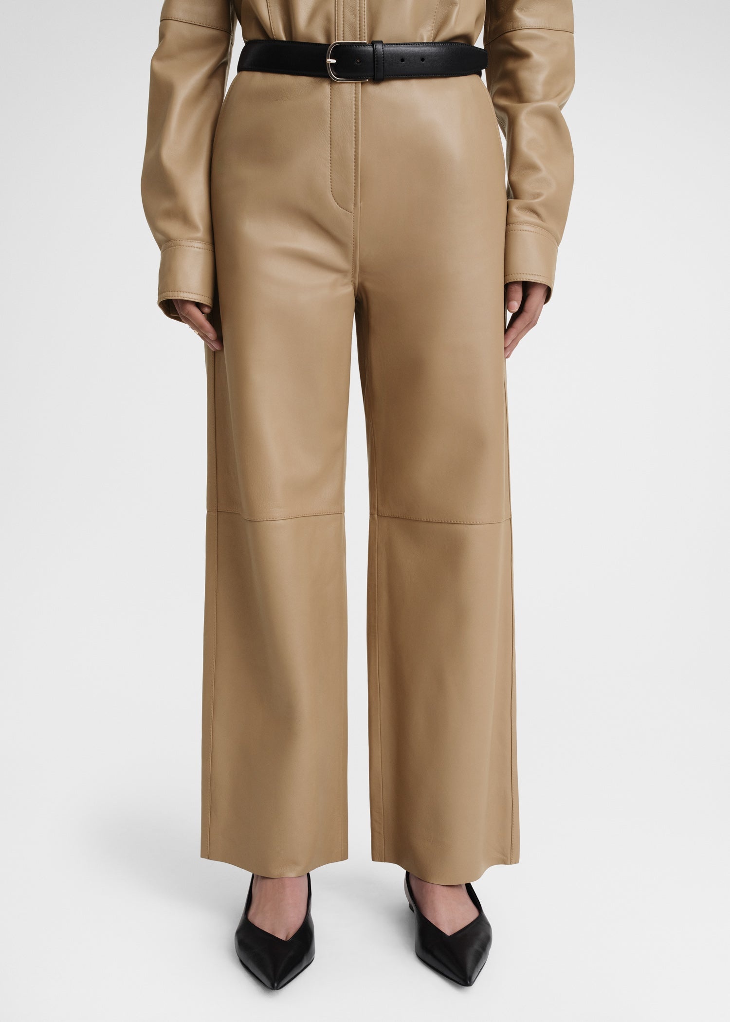 Paneled leather trousers biscuit - 5