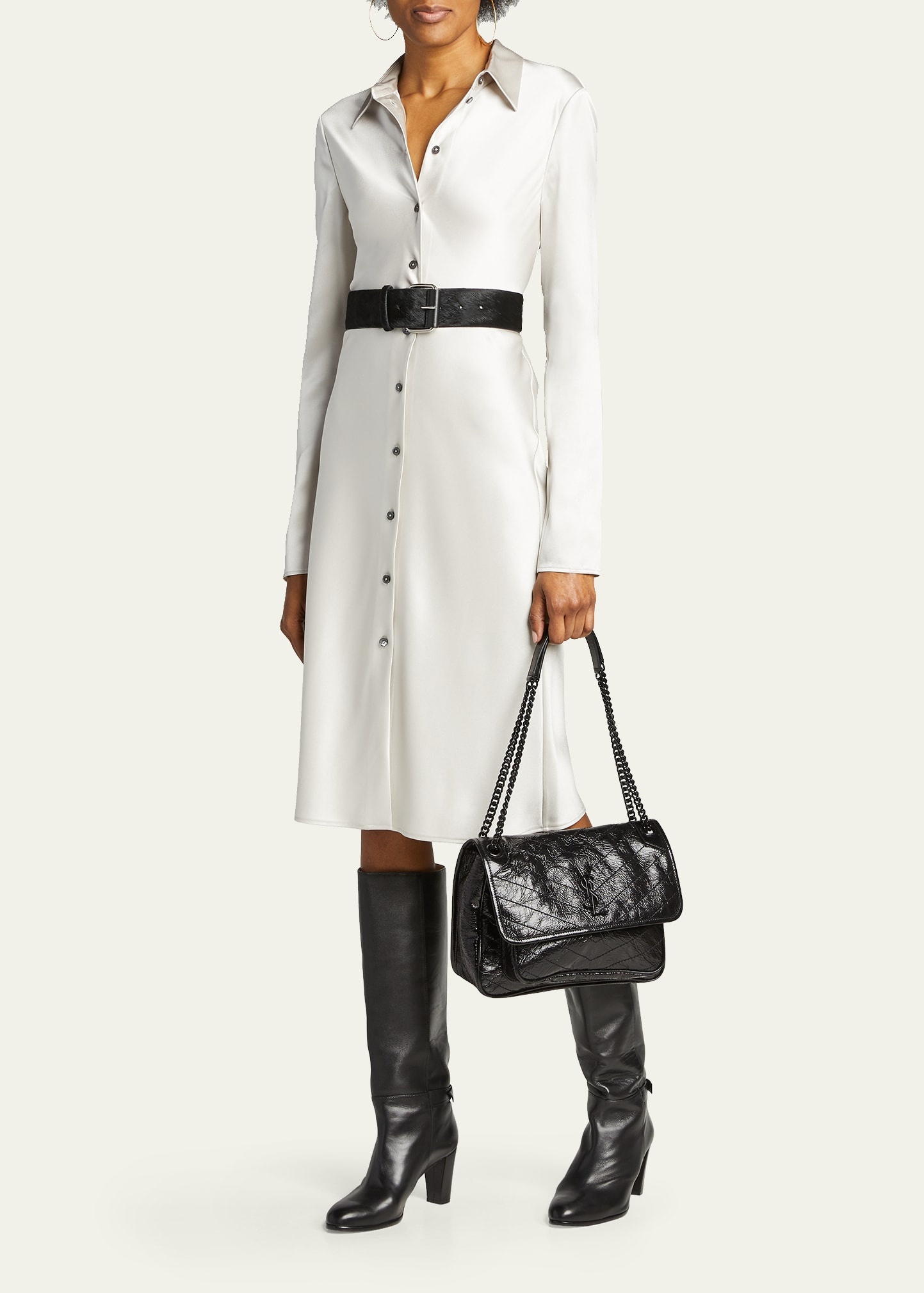 Niki Medium Crinkled Calfskin Flap-Top Shoulder Bag, Black Hardware - 6