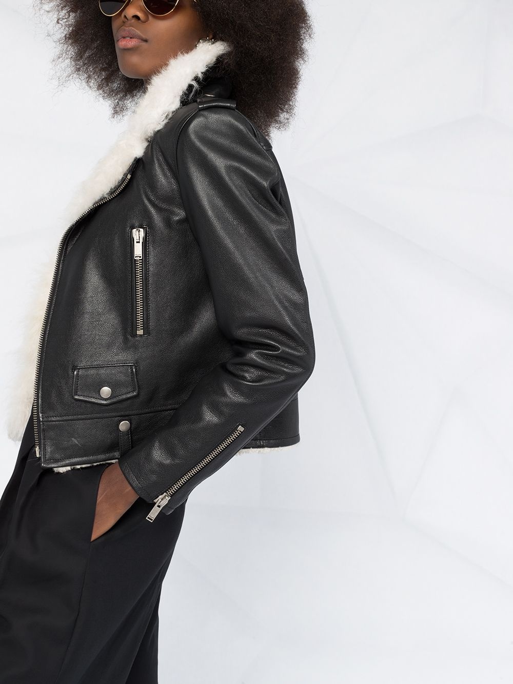 shearling collar biker jacket - 5