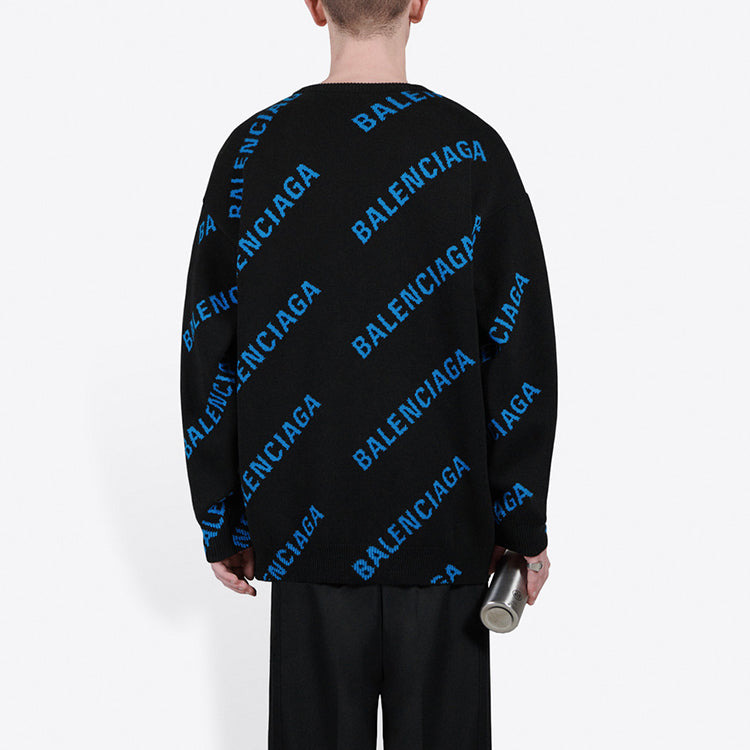 Balenciaga Allover Logo Crewneck Sweater 'Black Blue' 625970T31781165 - 5