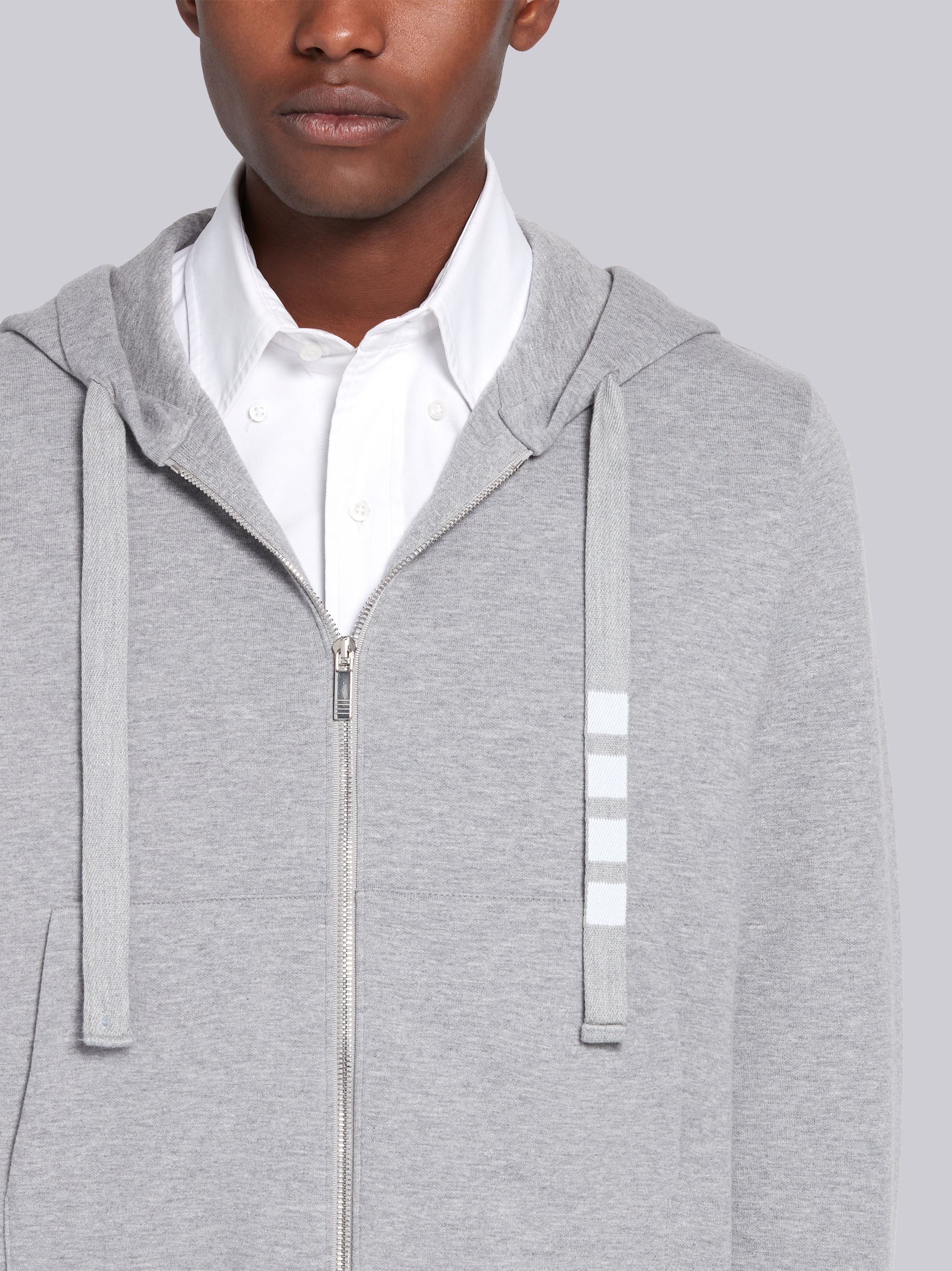 Light Grey Double Knit Cotton 4-Bar Zip-up Hoodie - 5