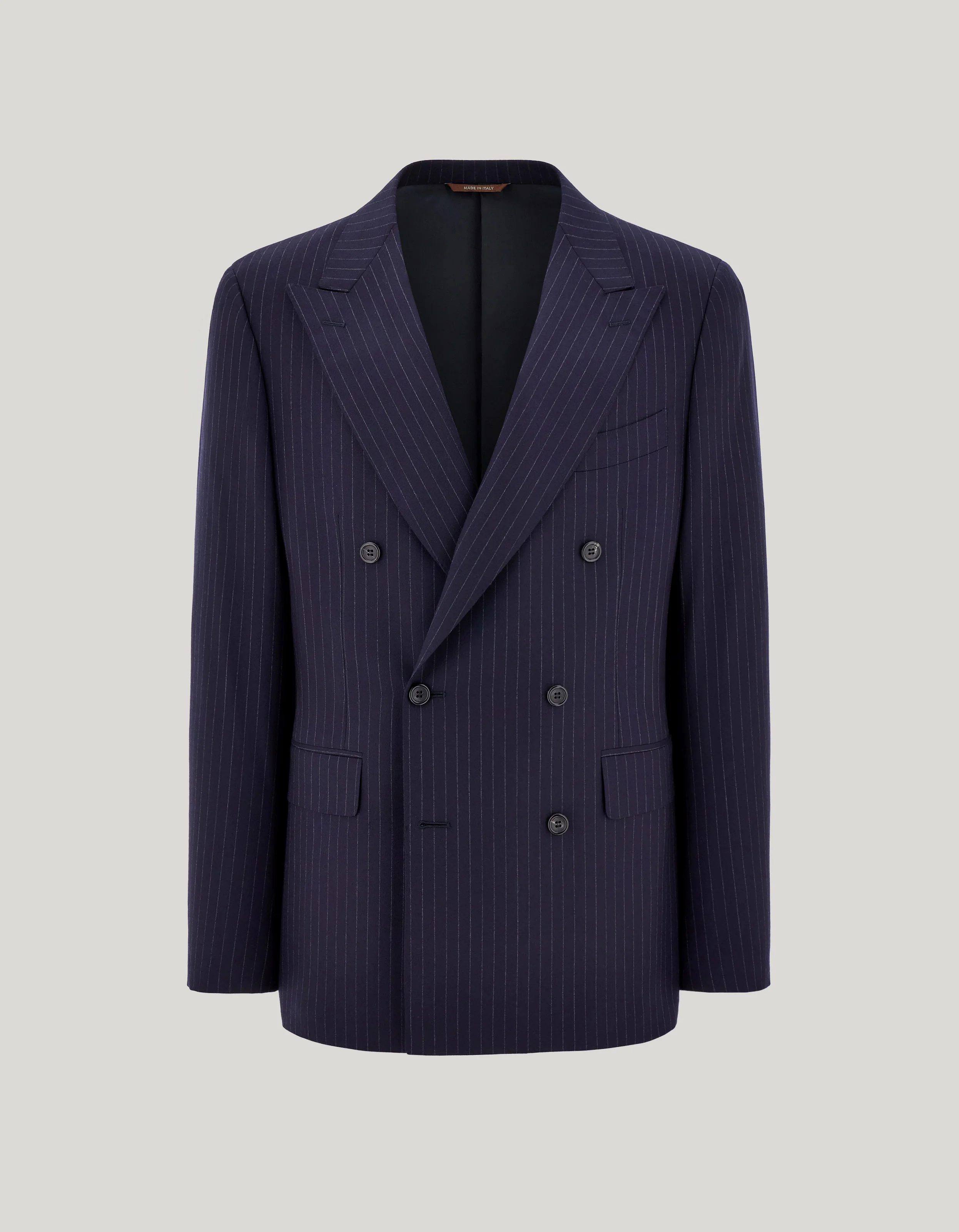 NAVY BLUE AND GRAY WOOL DOUBLE-BREASTED PINSTRIPED MODERN-FIT JACKET - 1