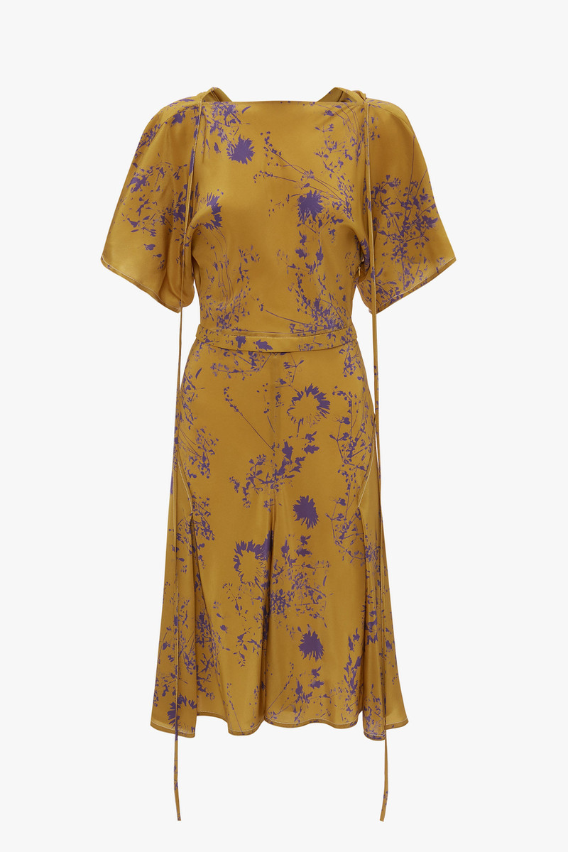 Draped Sleeve Cut Out Mini Dress In Yellow Ochre - 1