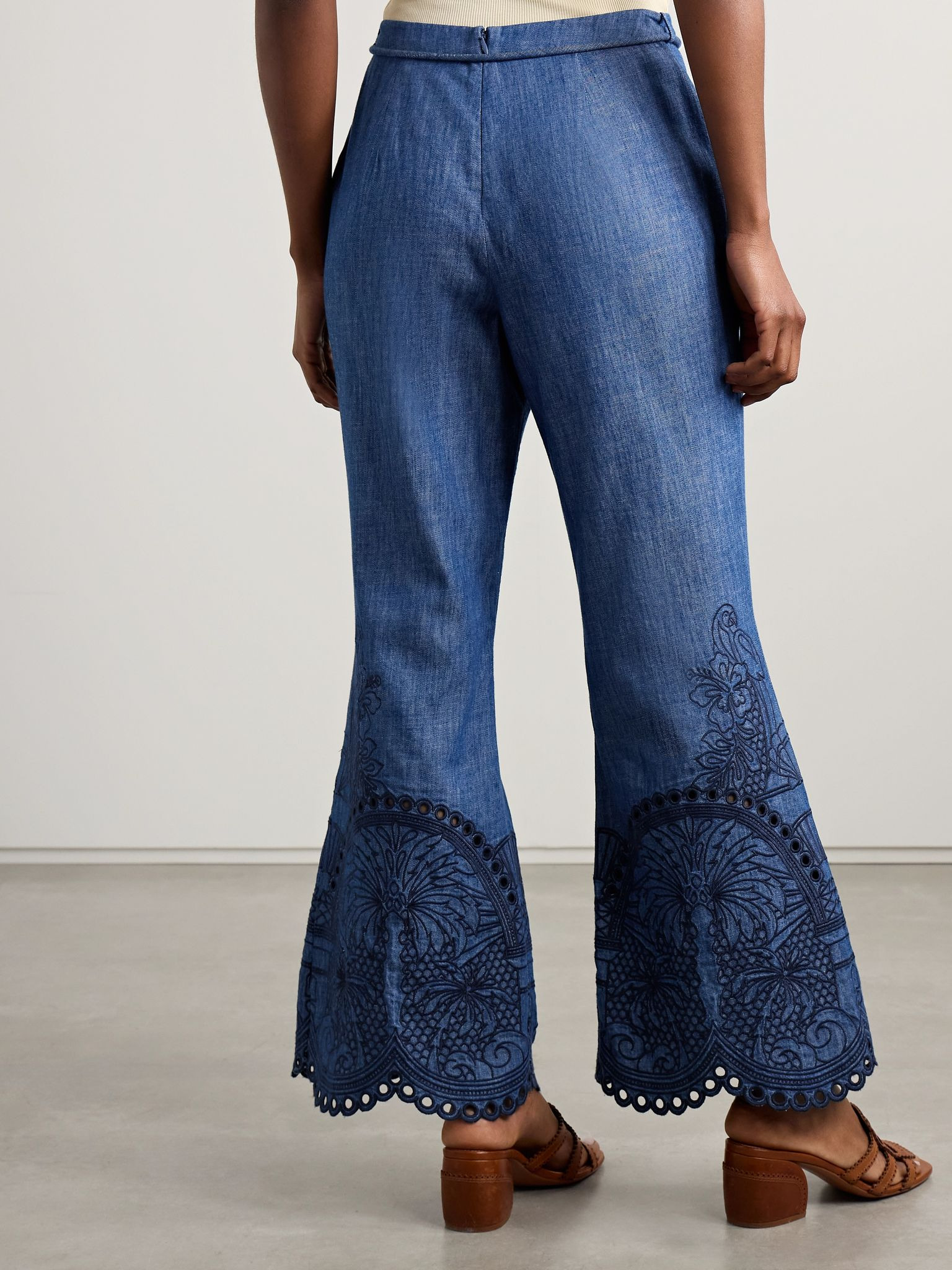 Coco belted embroidered cotton-chambray flared pants Blue - 4