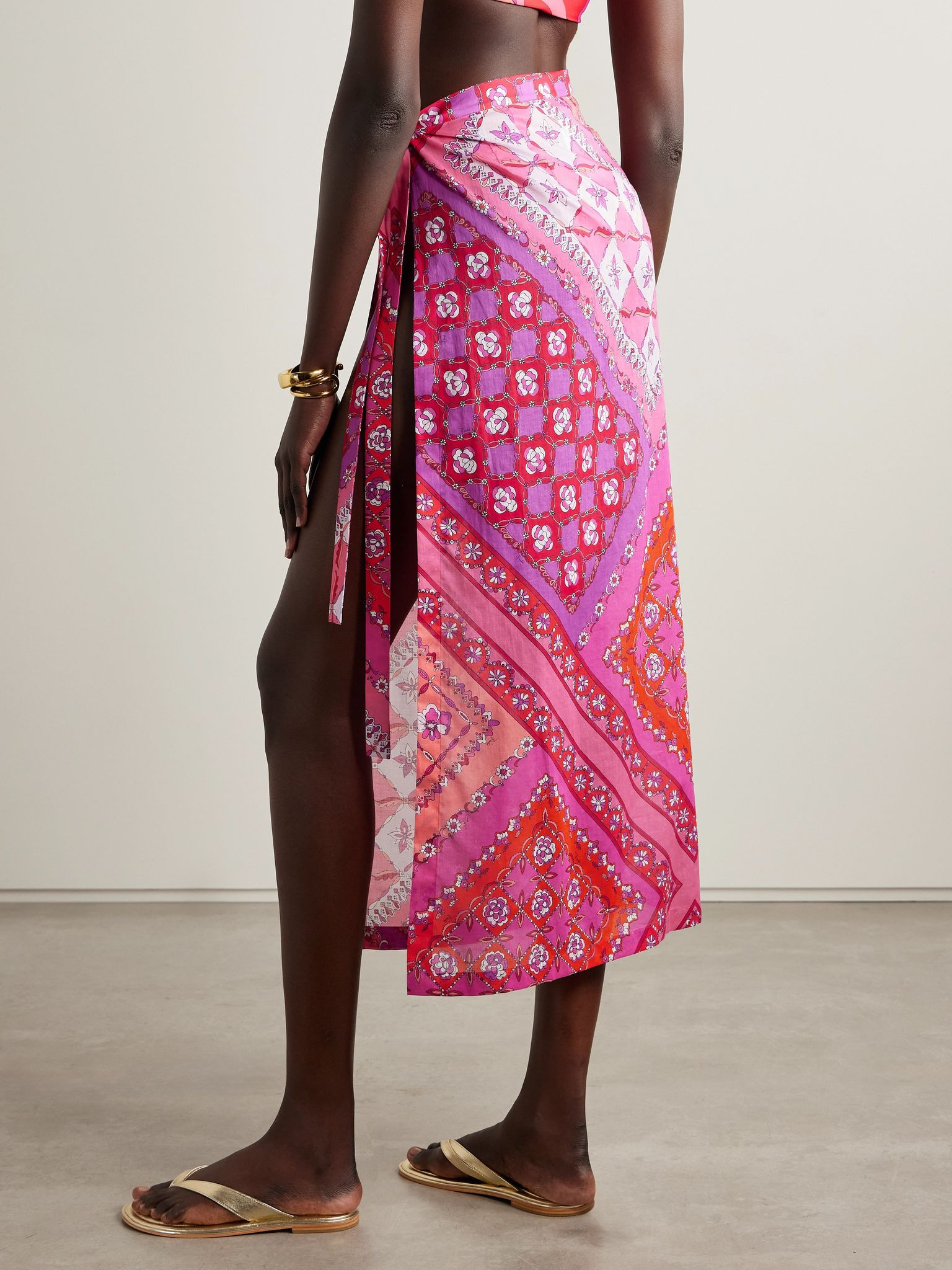 Printed cotton-muslin pareo Fuchsia - 3