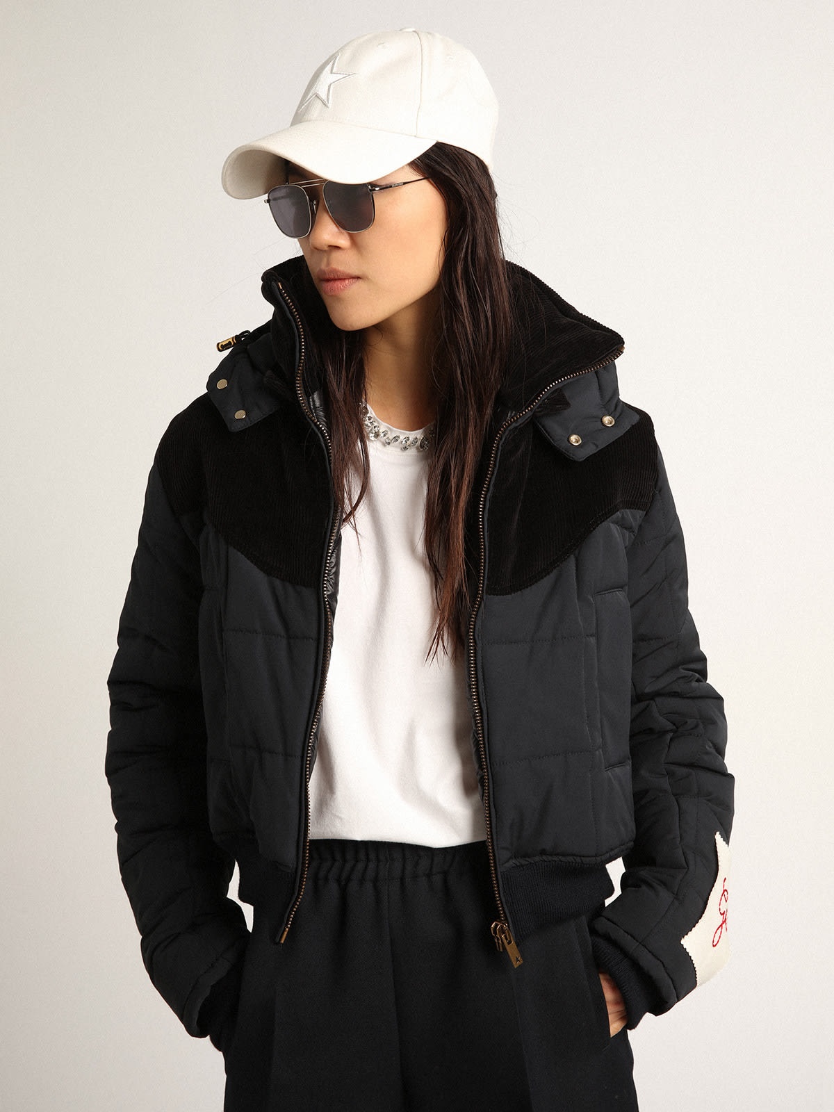 Women's black ankle-length padded jacket with hood