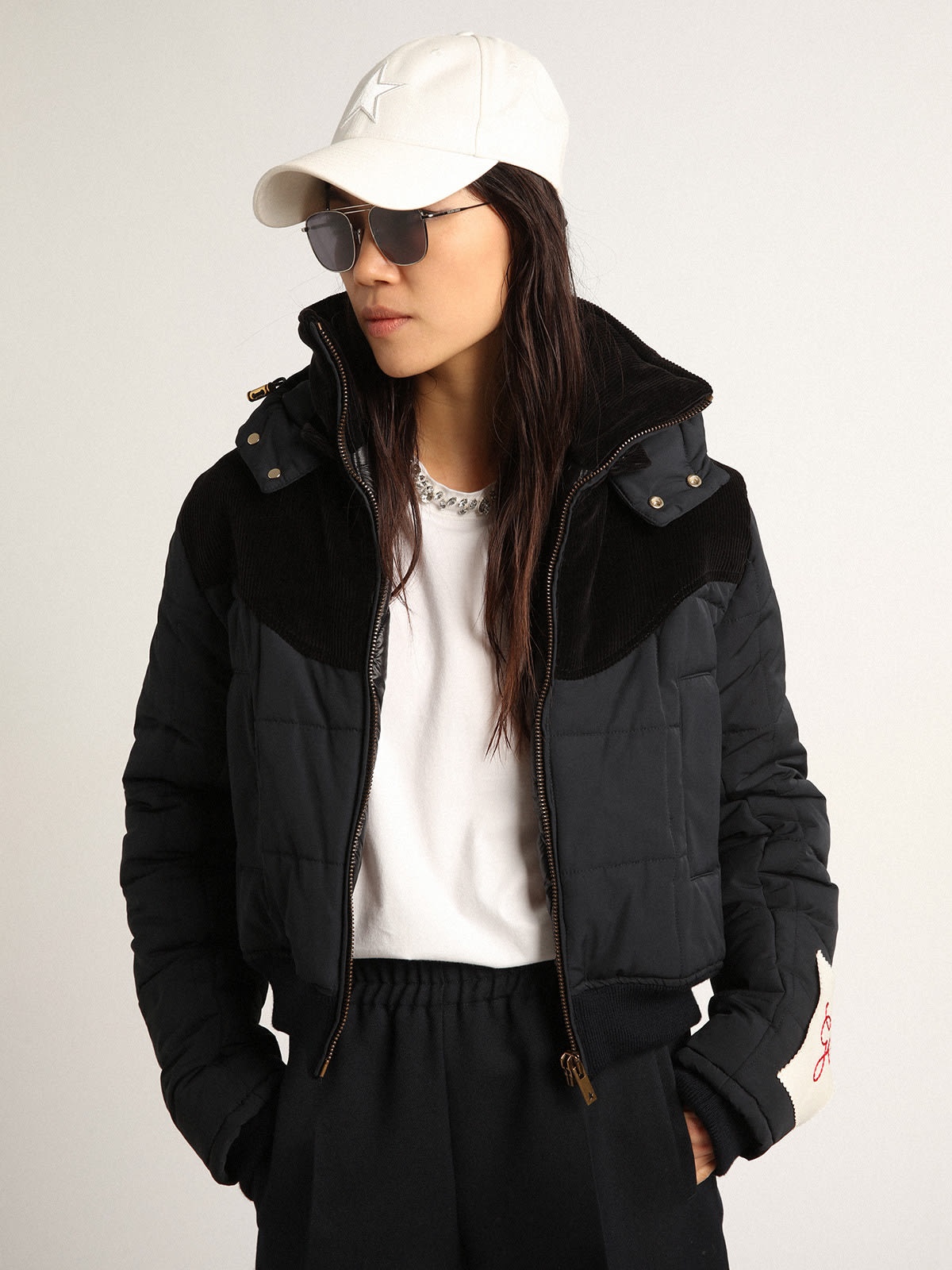 Women’s padded jacket in dark blue nylon and black cotton corduroy - 2